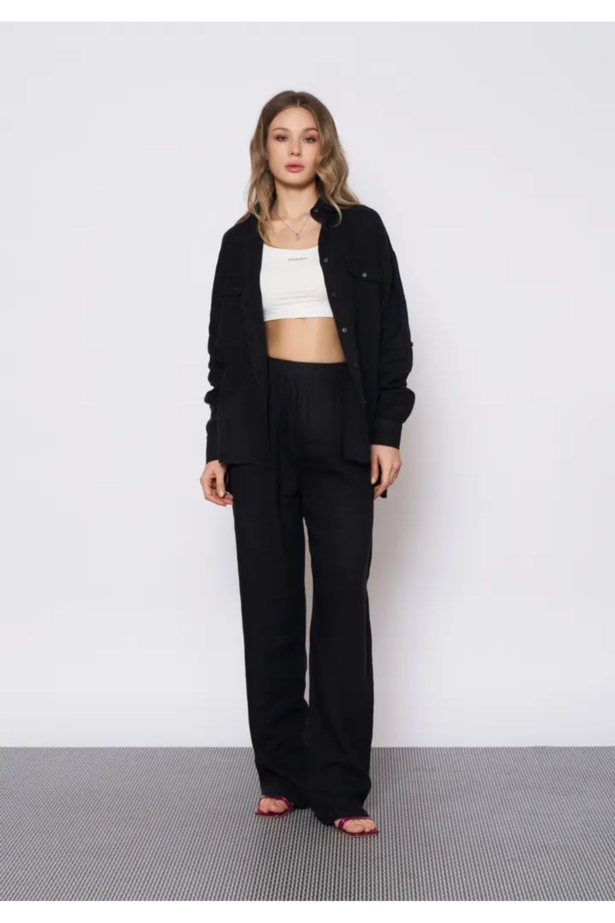EUROFASHION Cep Kapaklı Siyah Keten Gömlek