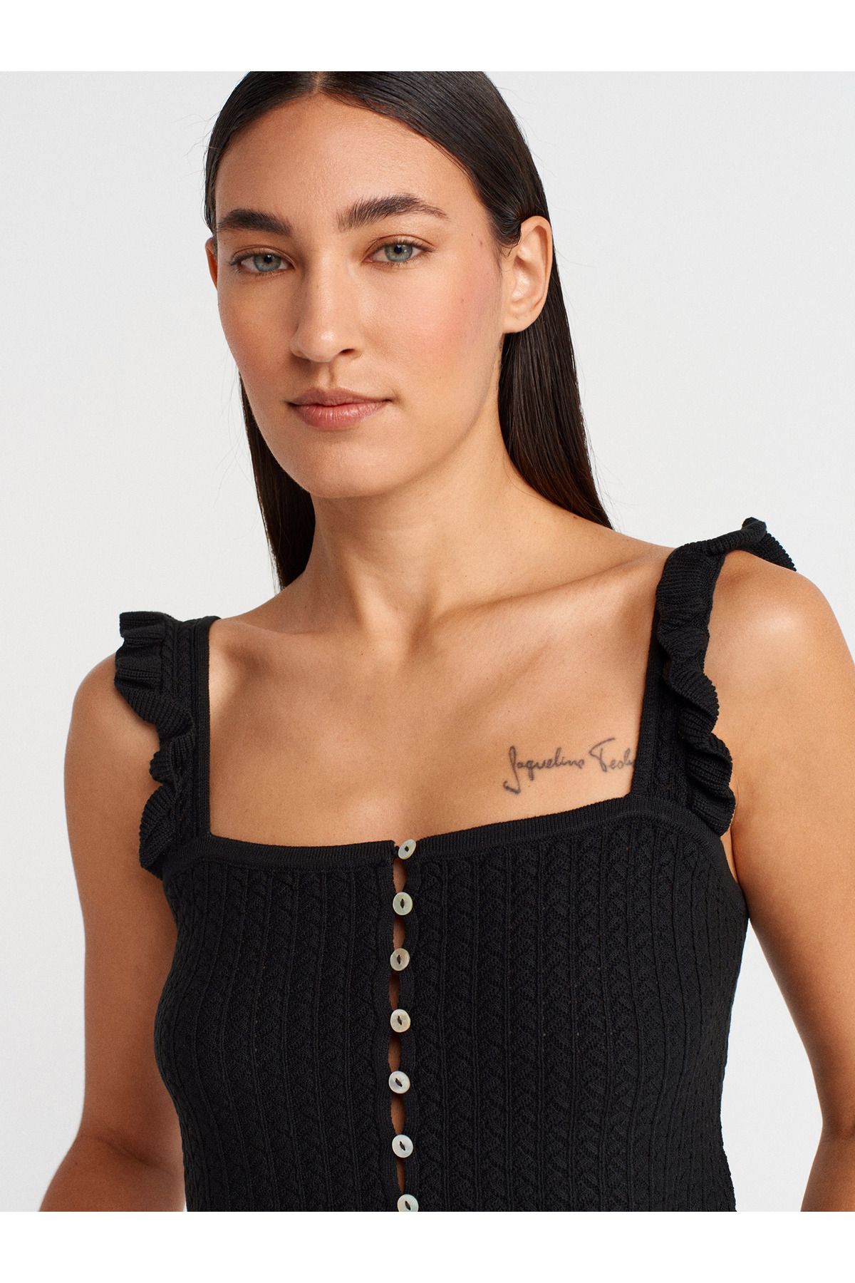 Dilvin-10774 Ruffled Button Ball Blouse with Strap-Black 3