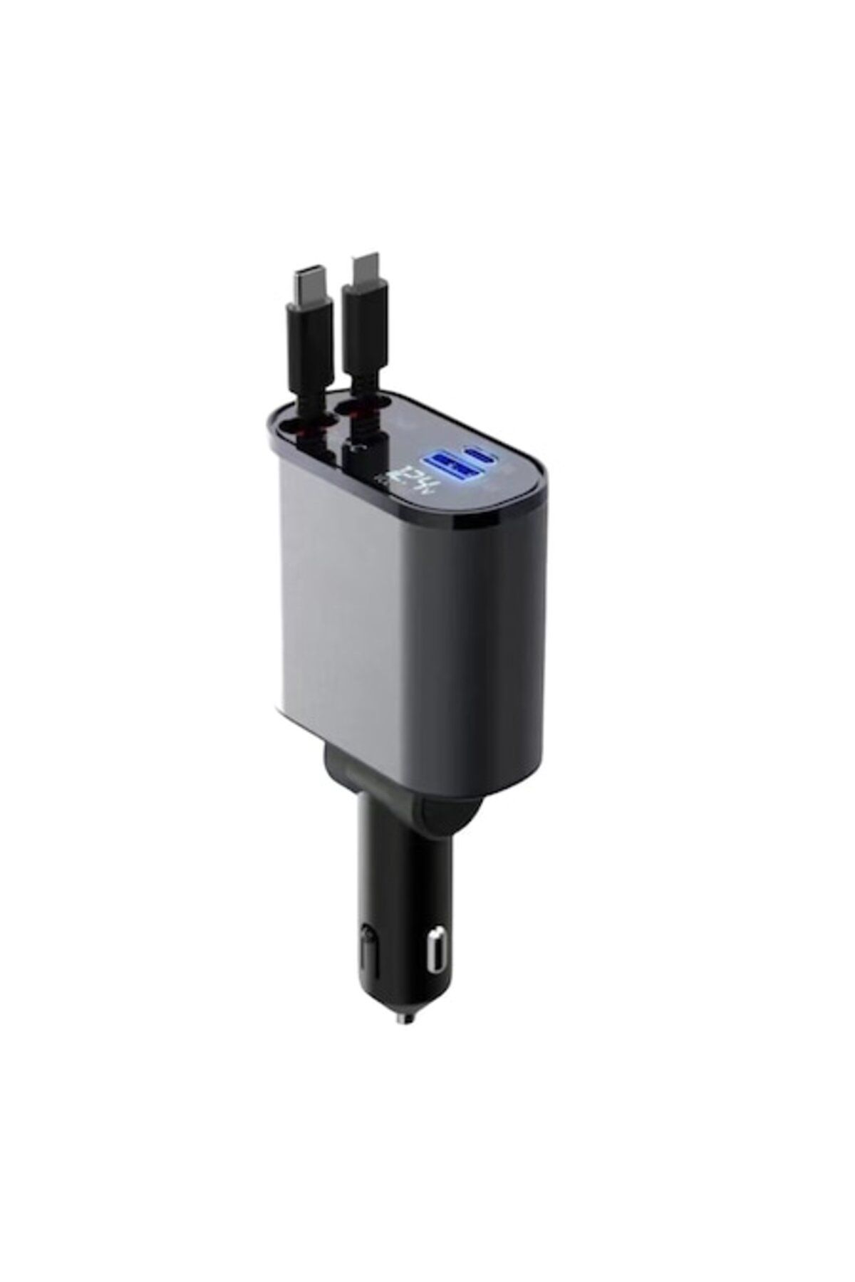 OEM-Încărcător auto PD 4 în 1, cabluri retractabile flexibile USB-C și Lightning, ieșire USB-C și USB-A, 1