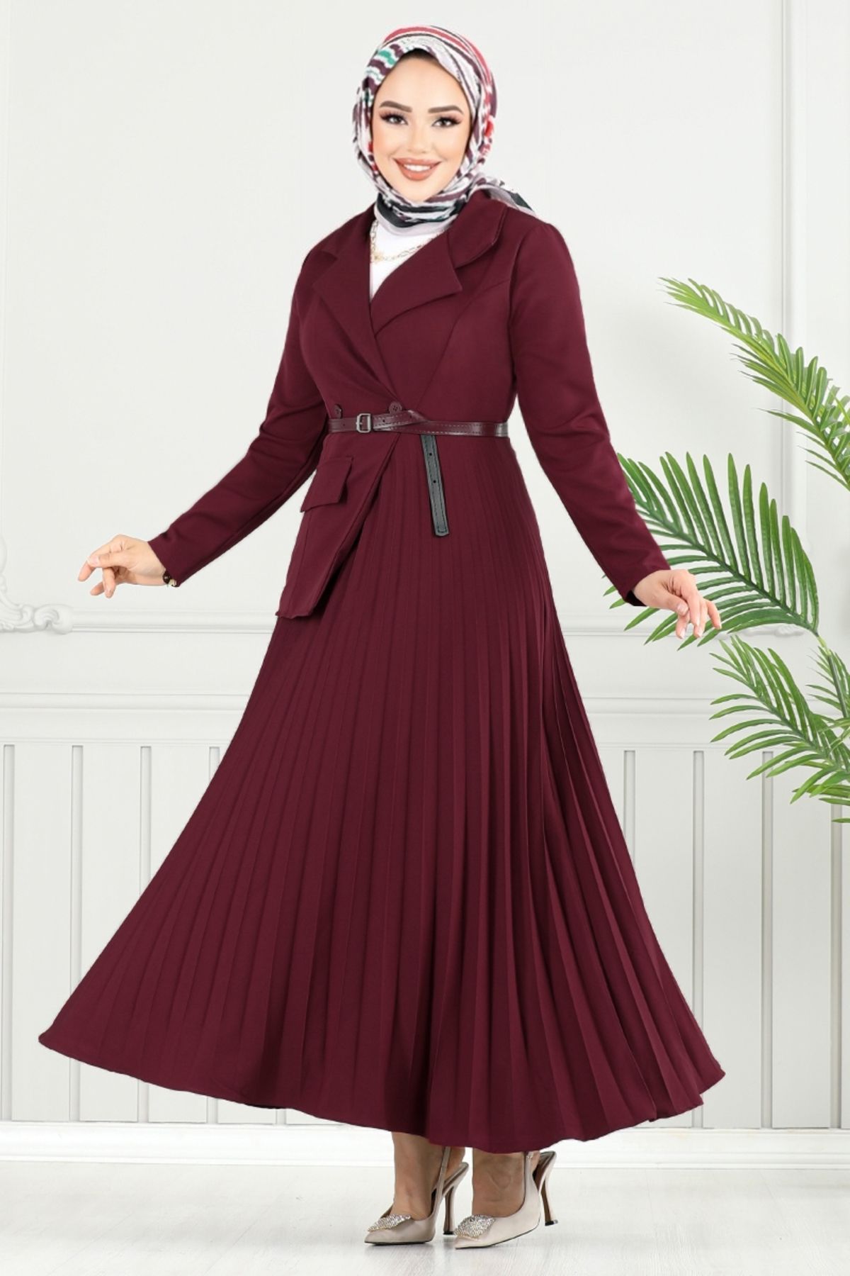 ModaMerve Kruvaze Yaka Tesettür Elbise 4747ZNK903-M Bordo