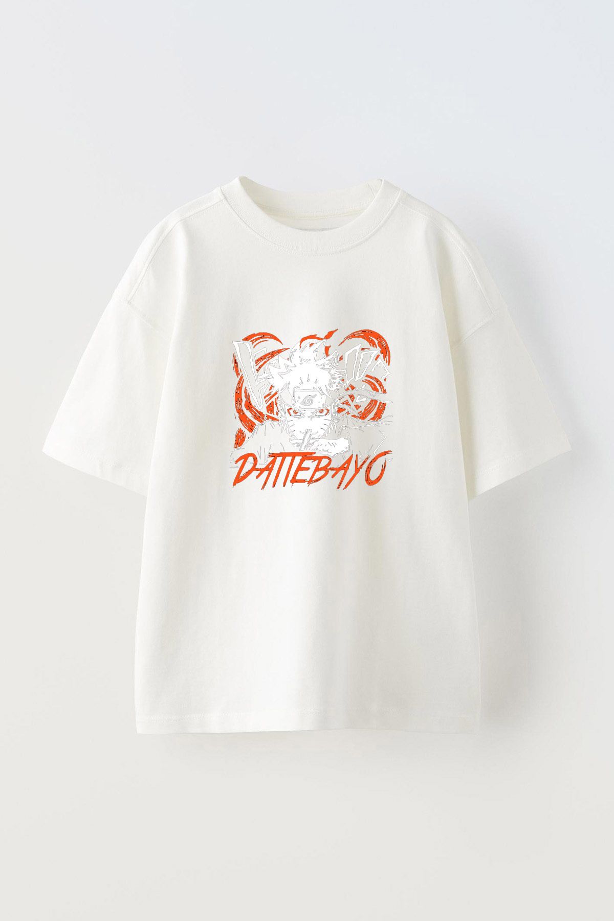 Anetos Naruto Datte Bayo Ön Baskılı Pamuk Beyaz Oversize T shirt