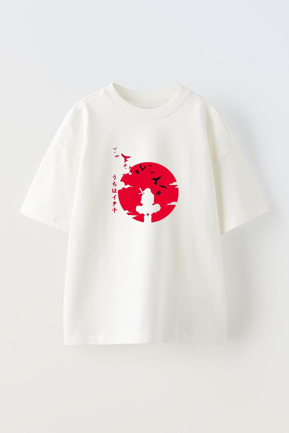 Anetos Itachi Uchiha Red Ön Baskılı Pamuk Beyaz Oversize T shirt