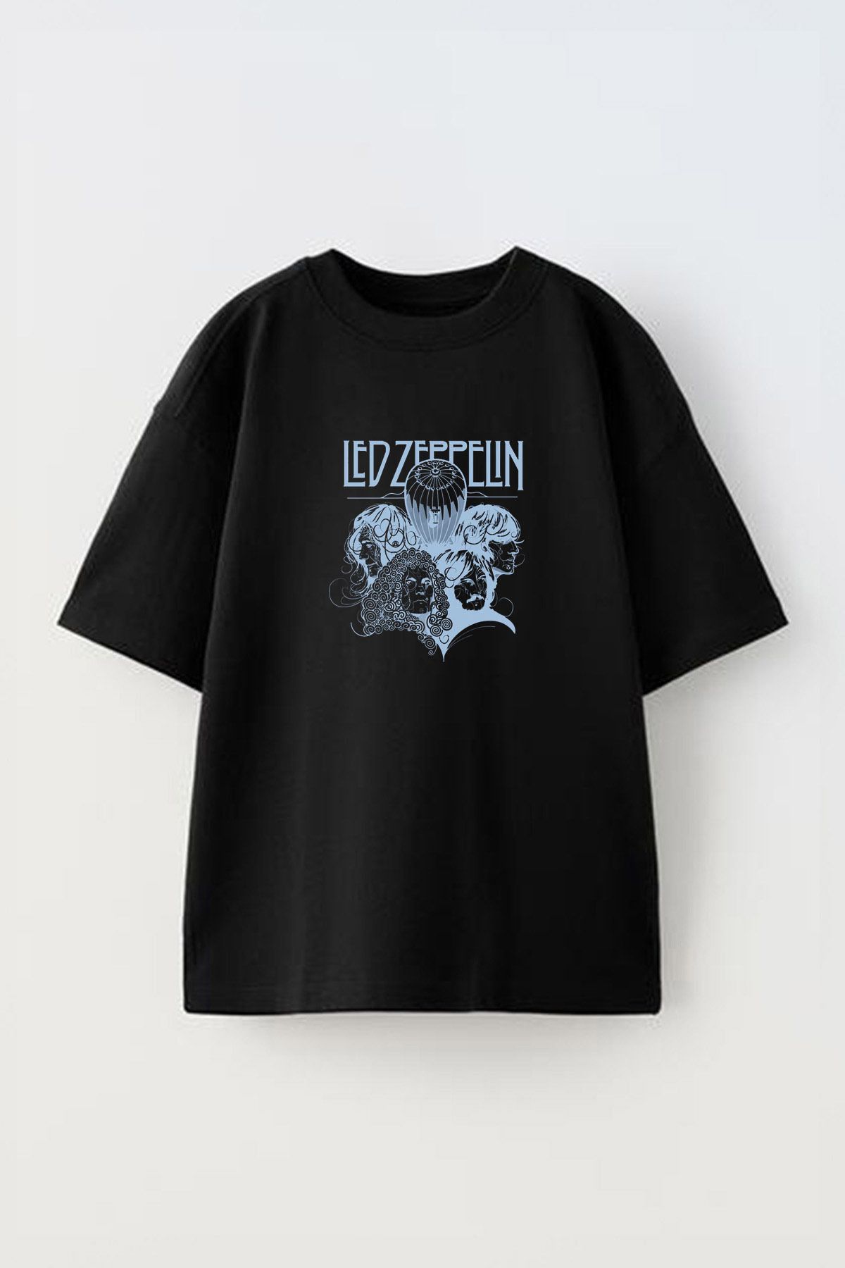 Anetos Led Zeppelin Feces Ön Baskılı Pamuk Siyah Oversize T shirt