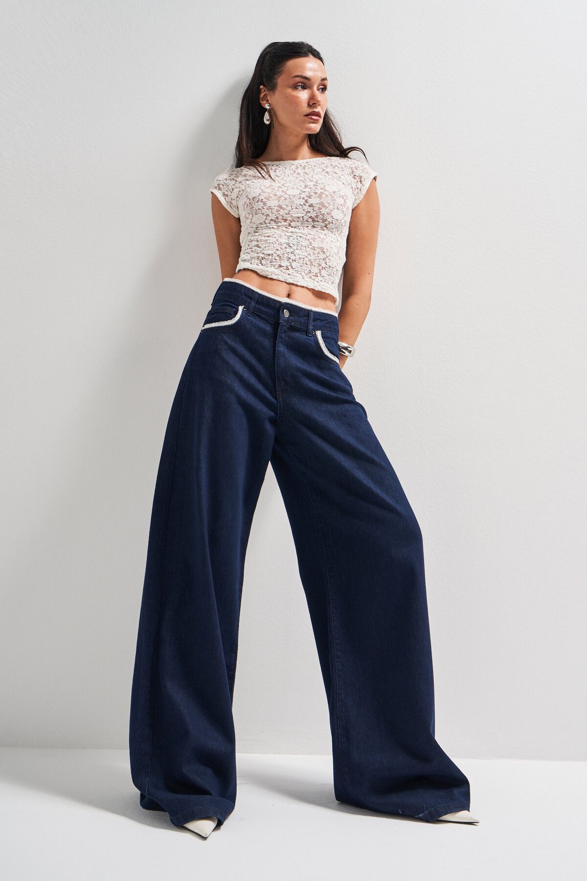 its basic Kadın İndigo Renk 7s5-50 Palazzo Fit Dantel Detaylı %100 Koton Tasarım Denim Jean