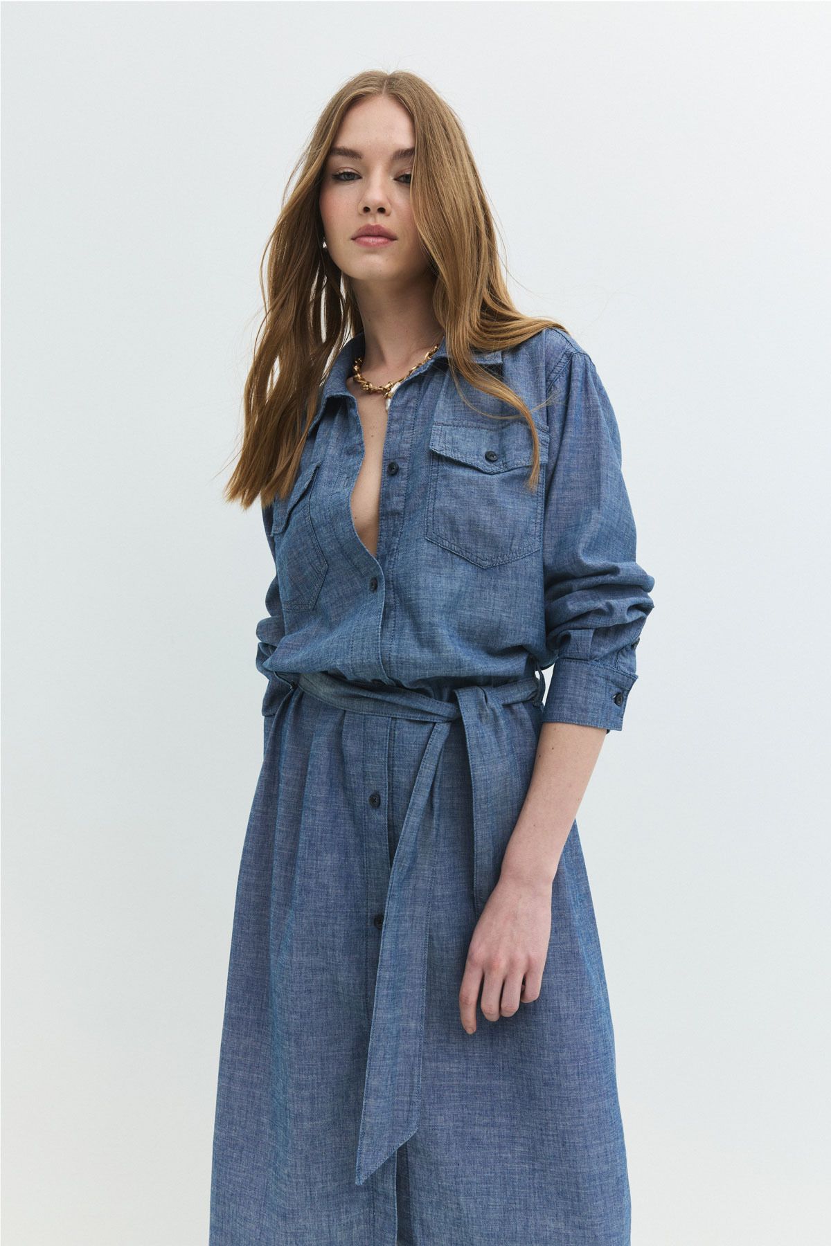 Denim Trip Oversize Fit Kuşaklı Chambray Orta İndigo Midi Jean Elbise