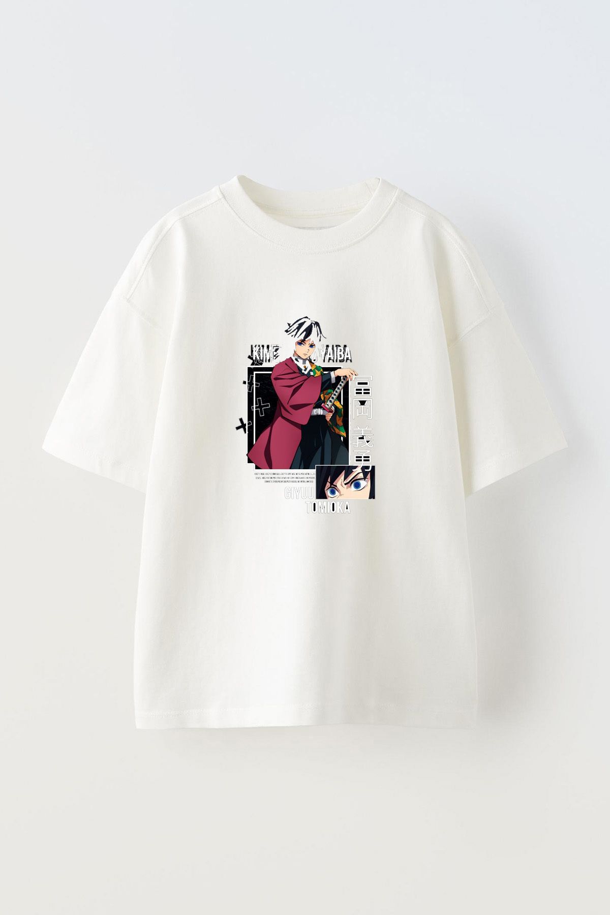 Anetos Giyuu Tomioka Ön Baskılı Pamuk Beyaz Oversize T shirt