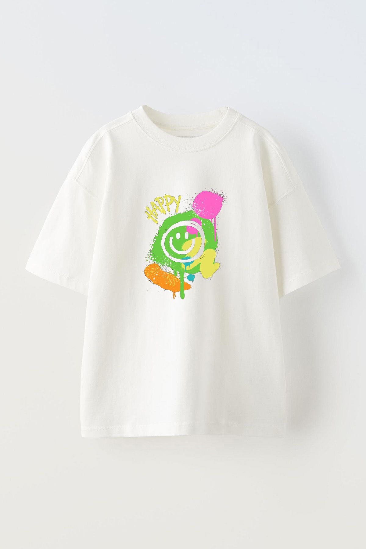 Anetos Graffiti Smiley Face Ön Baskılı Pamuk Beyaz Oversize T shirt