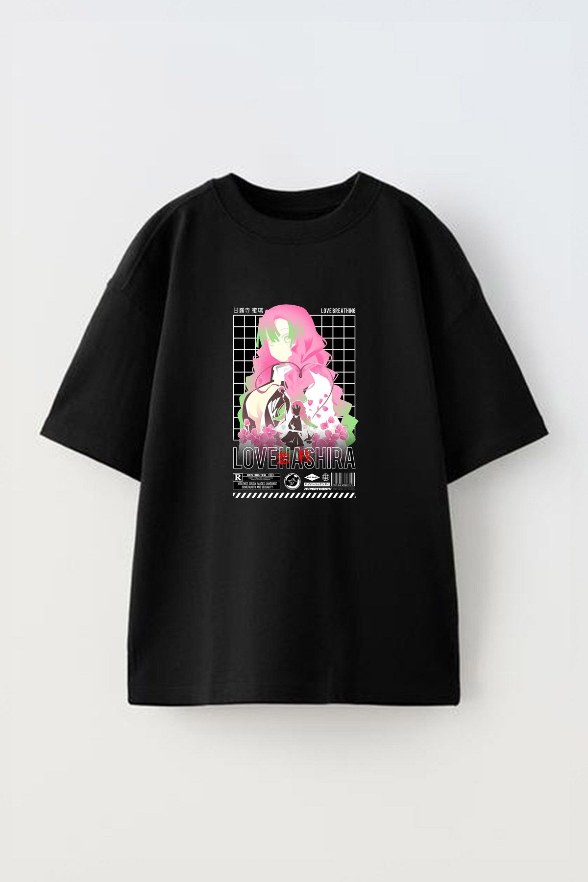 Anetos Kanjori Mitsuri Kimetsu Ön Baskılı Pamuk Siyah Oversize T shirt