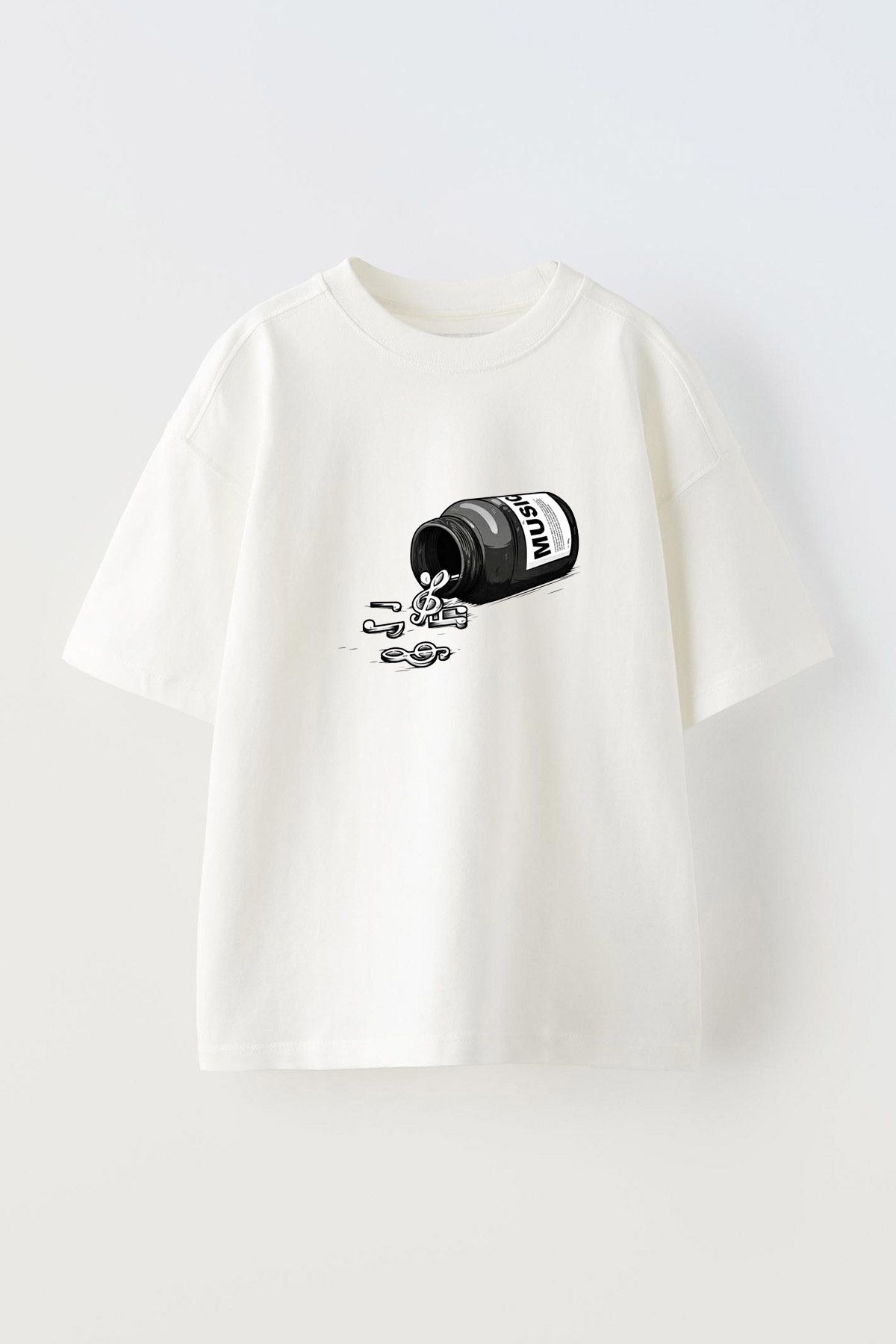 Anetos Müzik Hapları Ön Baskılı Pamuk Beyaz Oversize T shirt