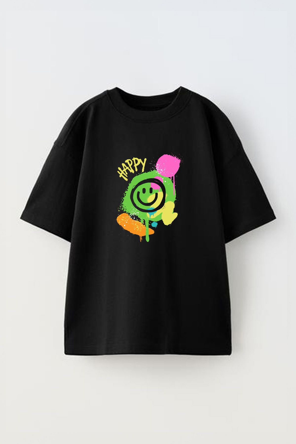 Anetos Graffiti Smiley Face Ön Baskılı Pamuk Siyah Oversize T shirt