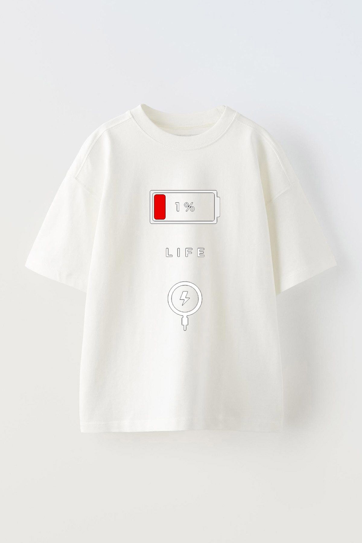 Anetos Minimal Life Ön Baskılı Pamuk Beyaz Oversize T shirt