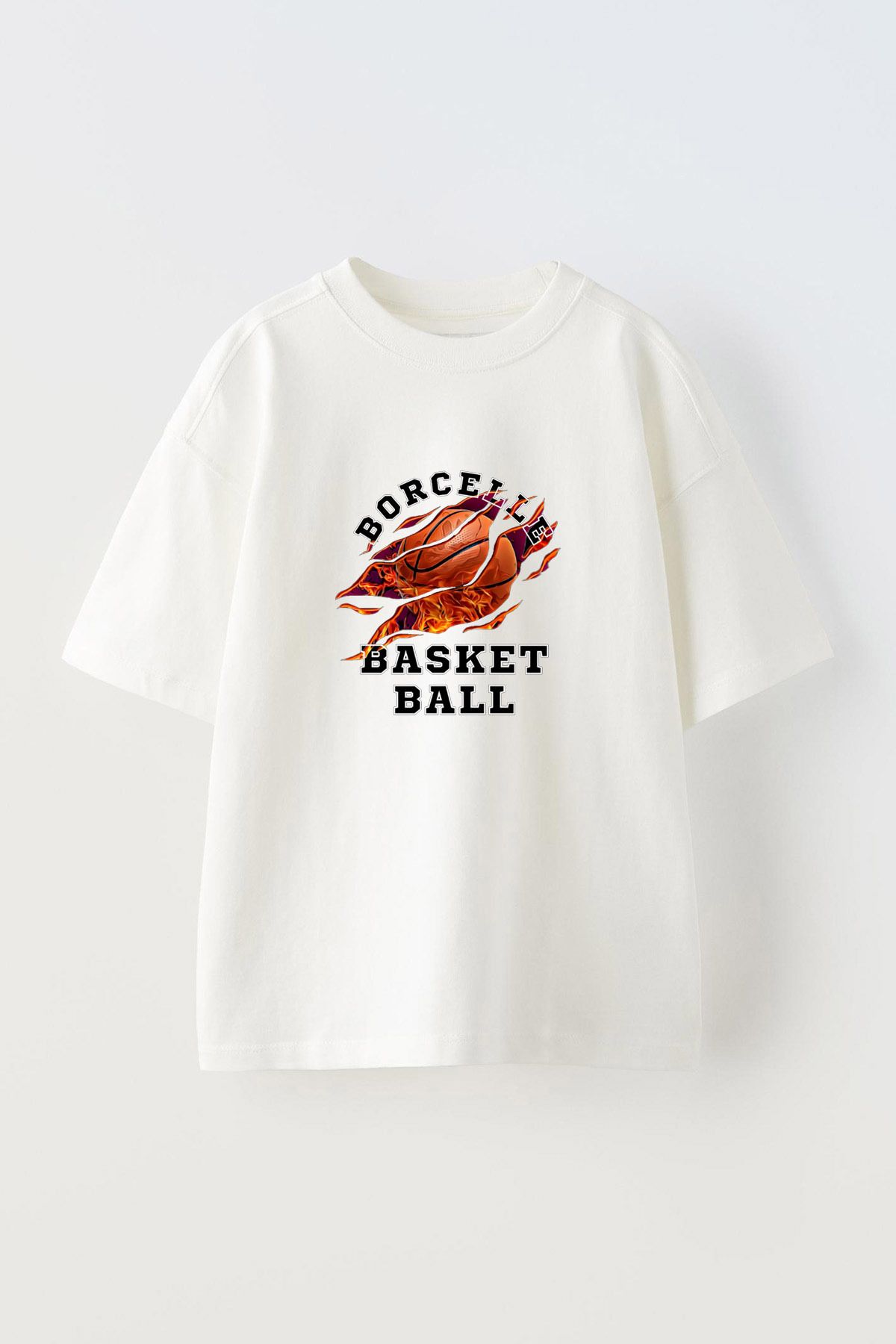 Anetos Modern Basket Ball Ön Baskılı Pamuk Beyaz Oversize T shirt