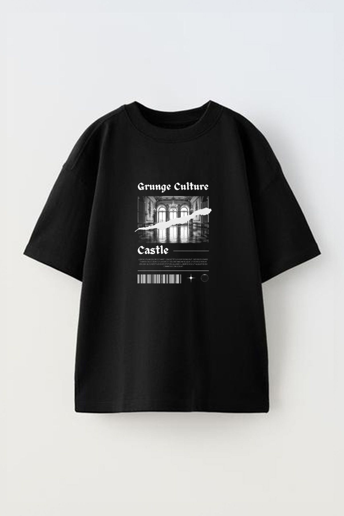 Anetos Grunge Culture Castle Ön Baskılı Pamuk Siyah Oversize T shirt