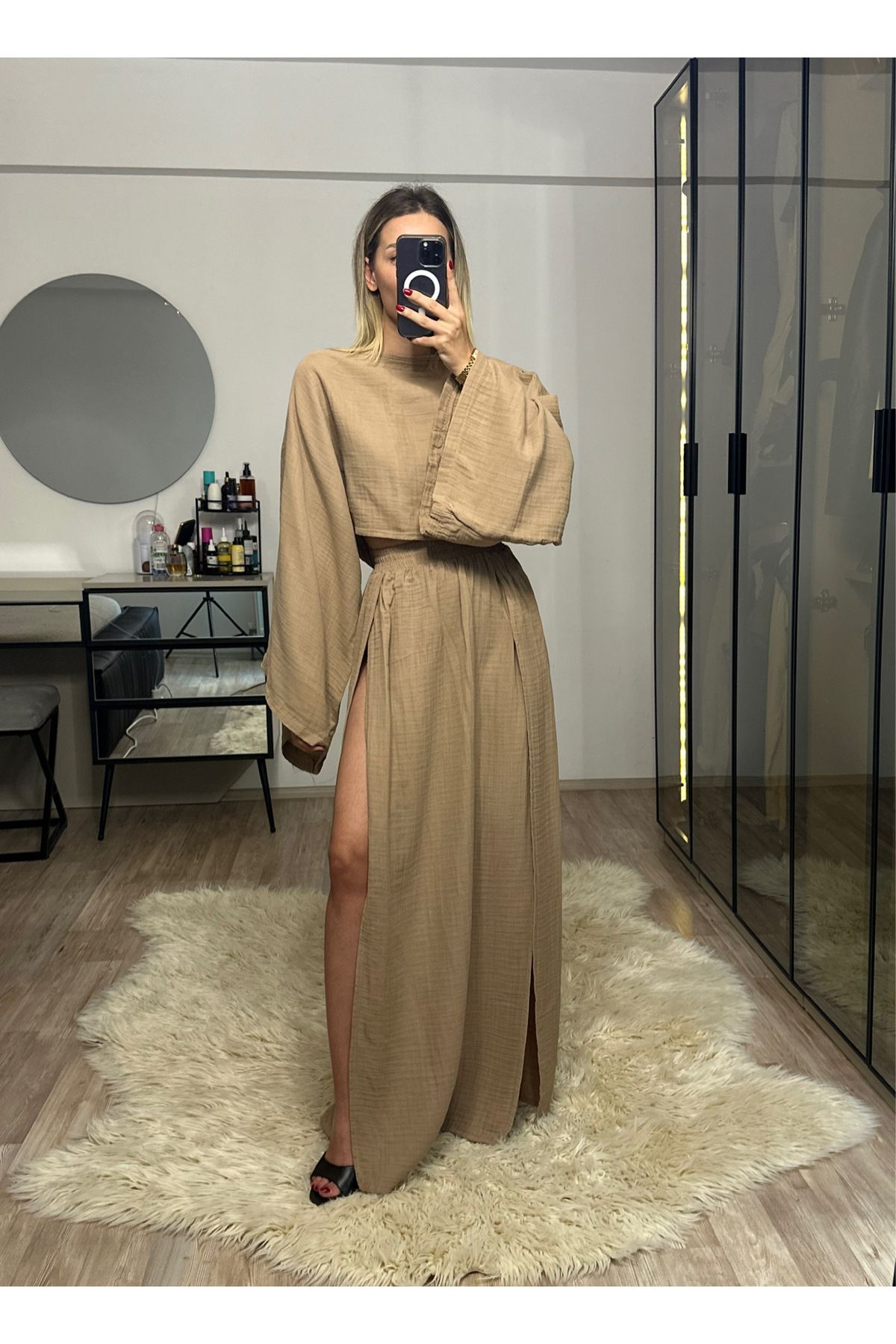 NET OF NOT Violet Vizon Müslin Kumaş Çift Yırtmaçlı Etek Crop Takım
