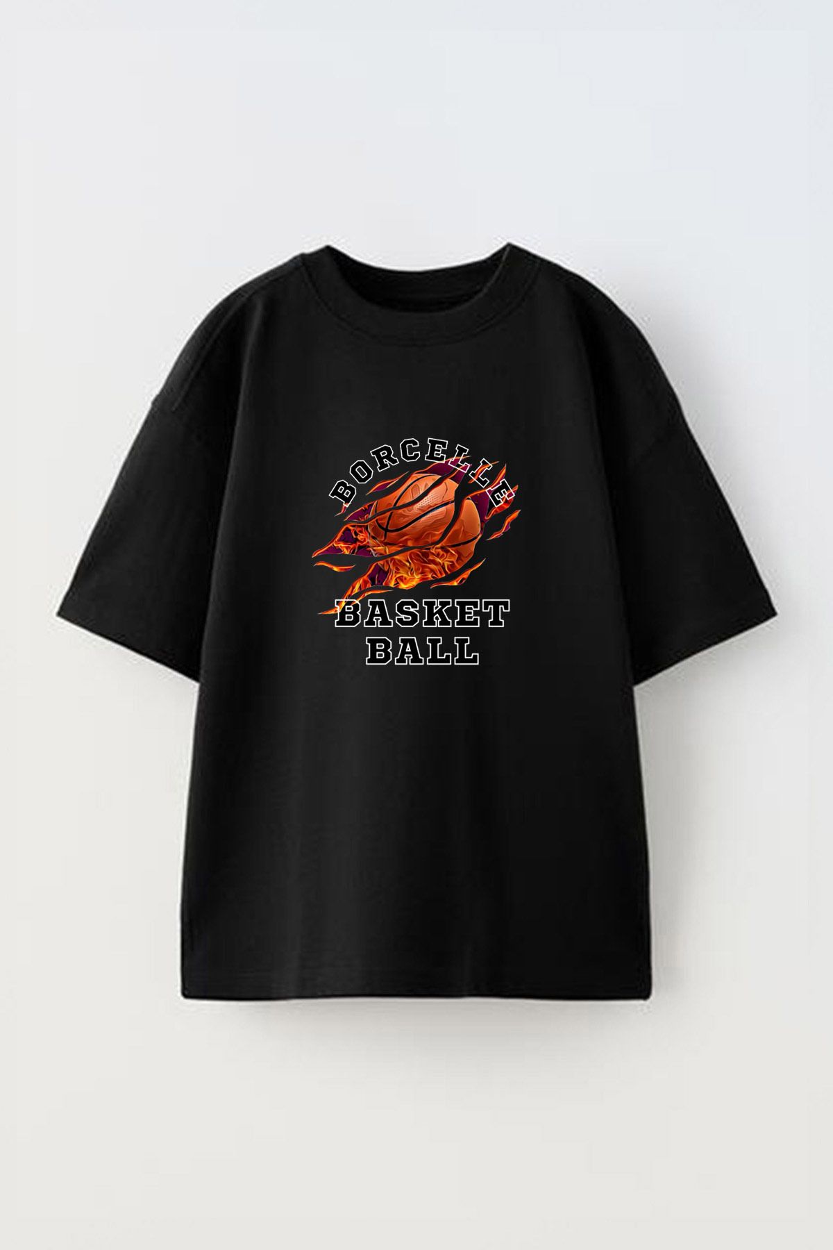 Anetos Modern Basket Ball Ön Baskılı Pamuk Siyah Oversize T shirt
