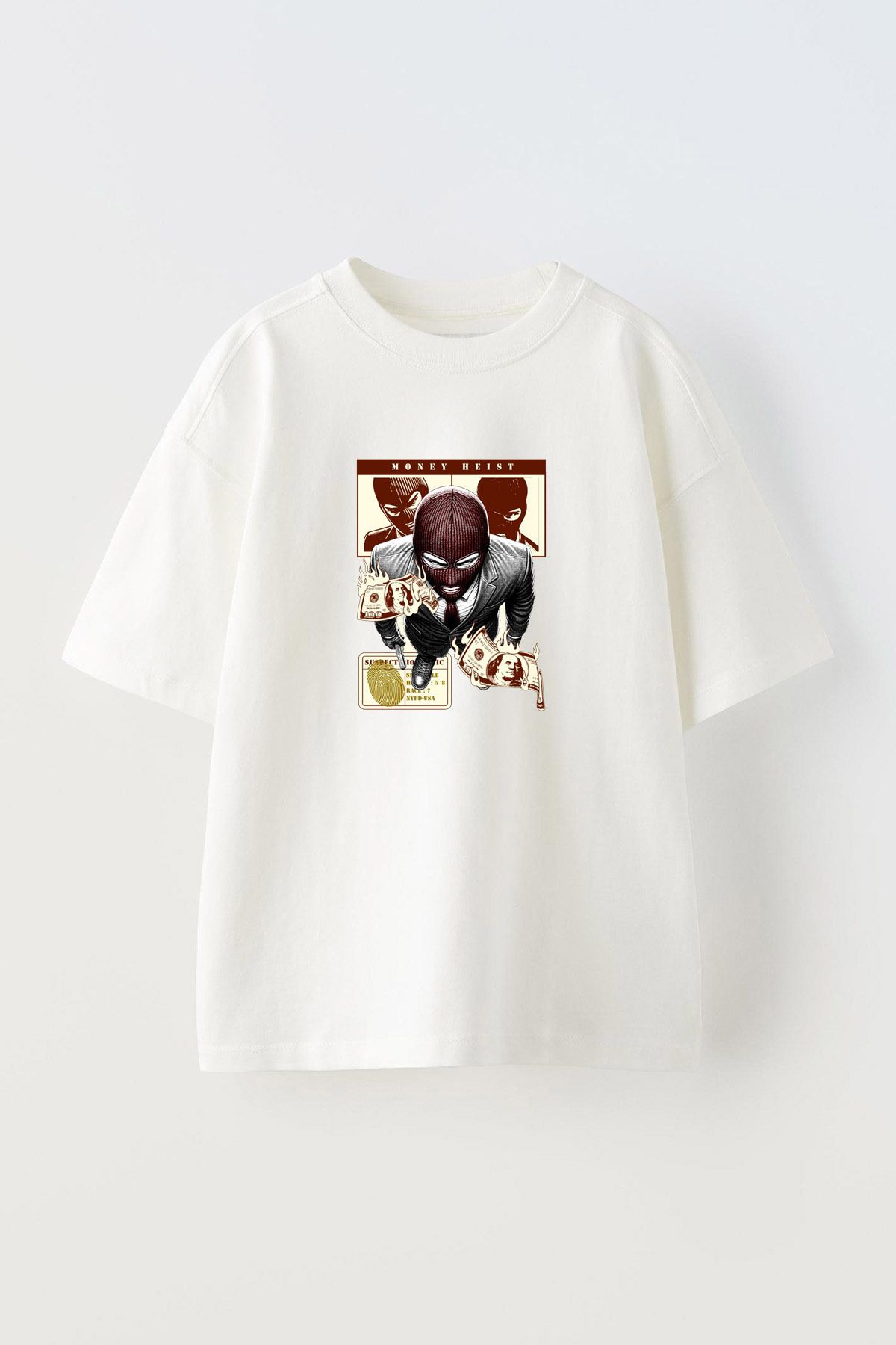 Anetos Money Heist Ön Baskılı Pamuk Beyaz Oversize T shirt