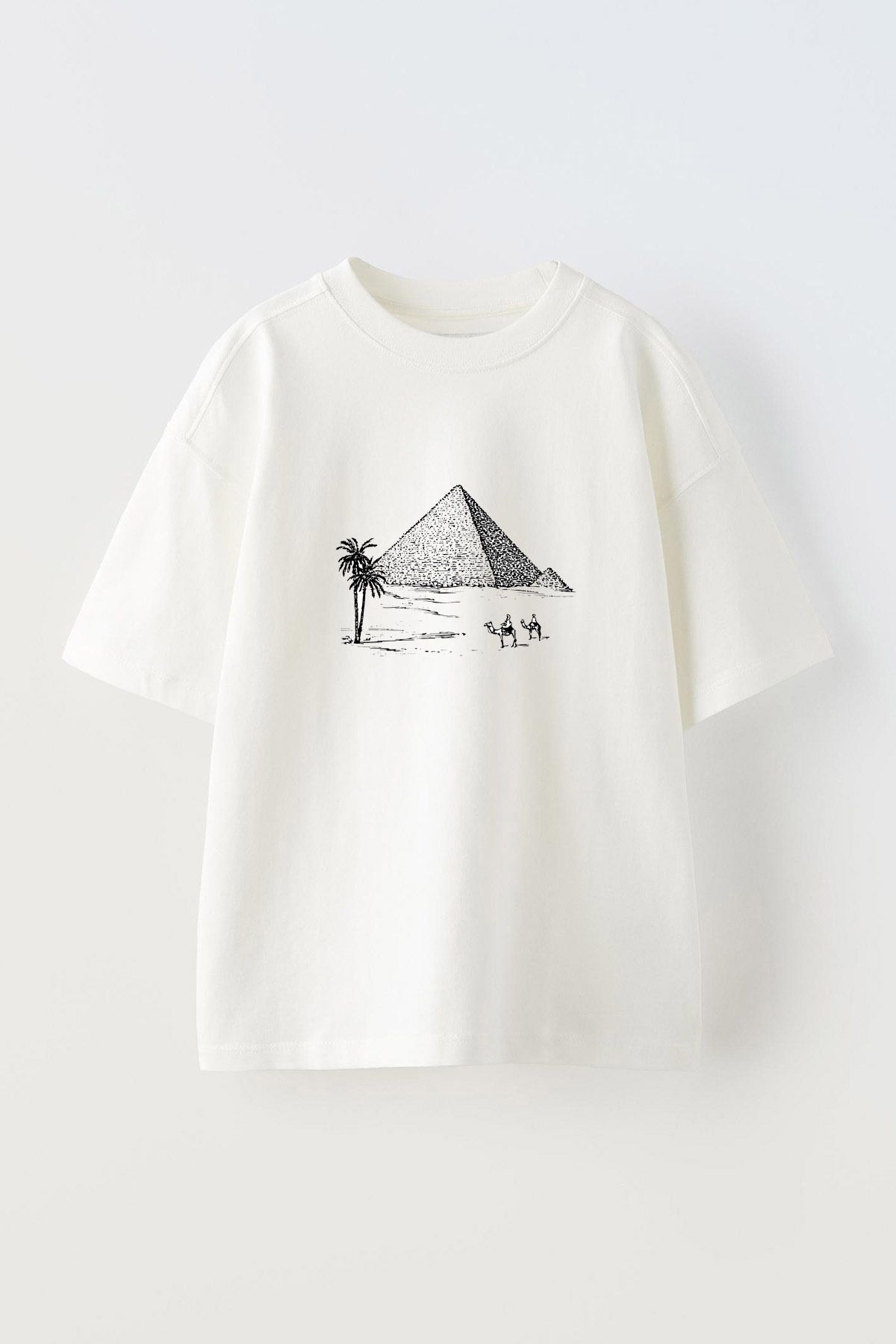 Anetos Mısır Piramıtleri Çizim Ön Baskılı Pamuk Beyaz Oversize T shirt