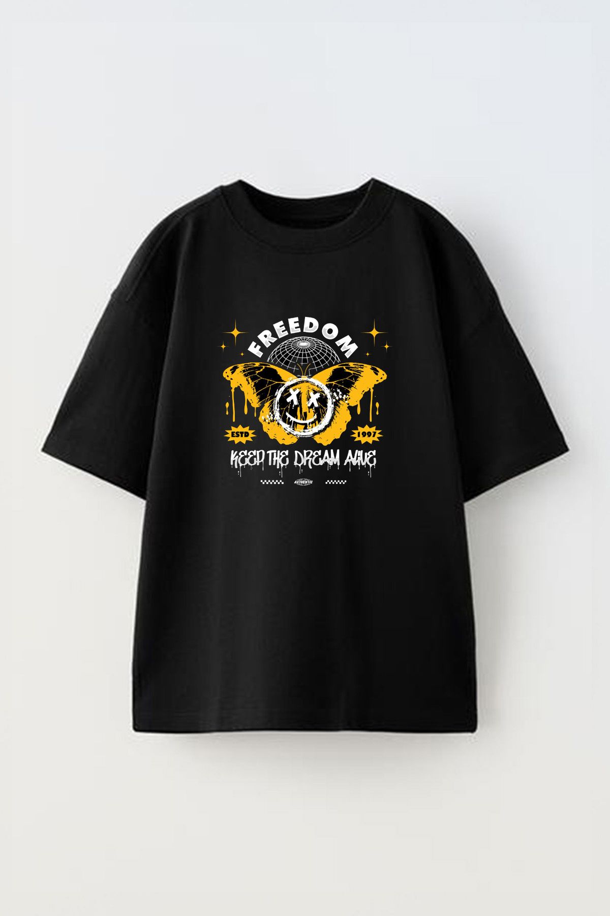Anetos Freedom Butterfly With Ön Baskılı Pamuk Siyah Oversize T shirt