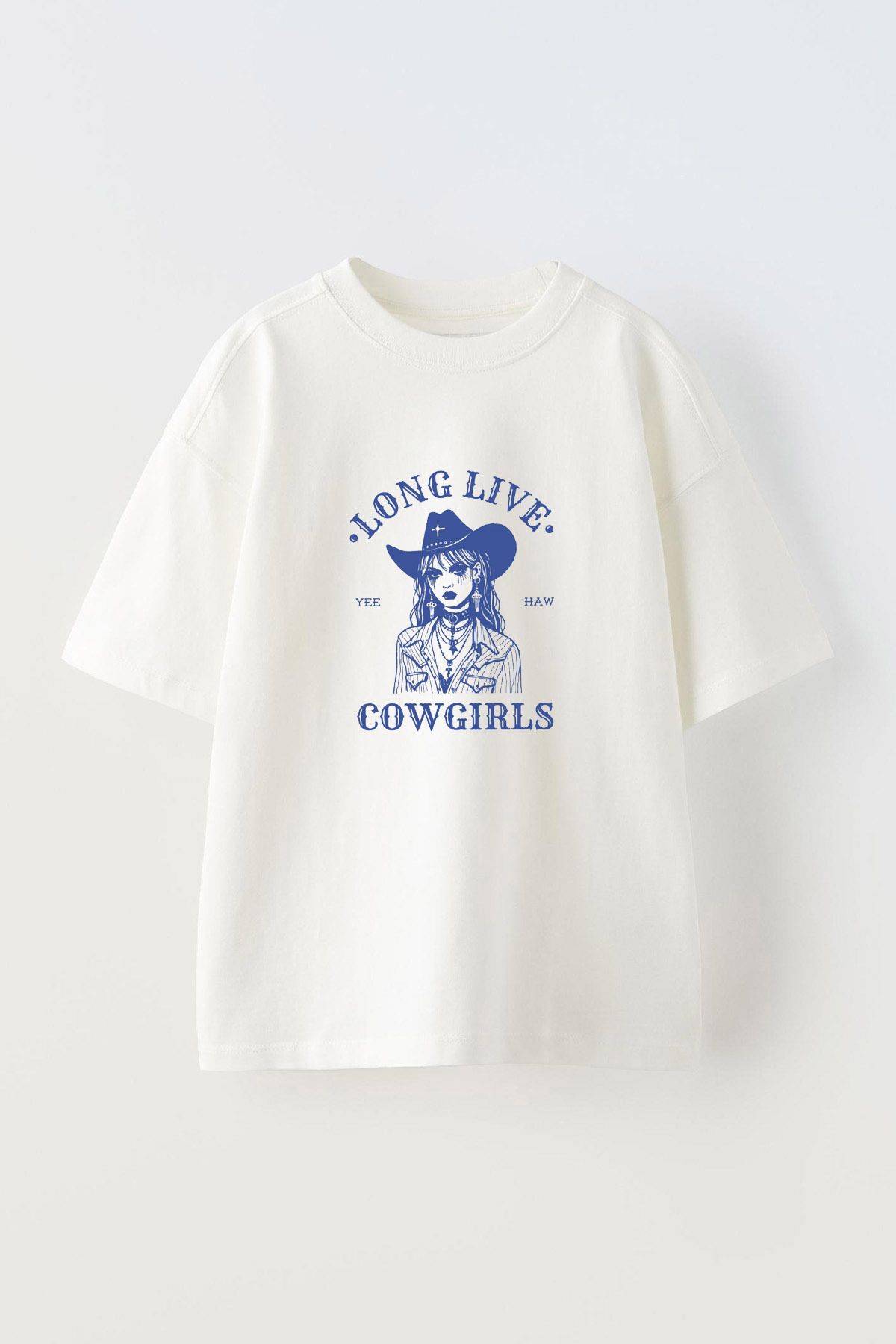 Anetos Long Lıve Cowgırls Ön Baskılı Pamuk Beyaz Oversize T shirt