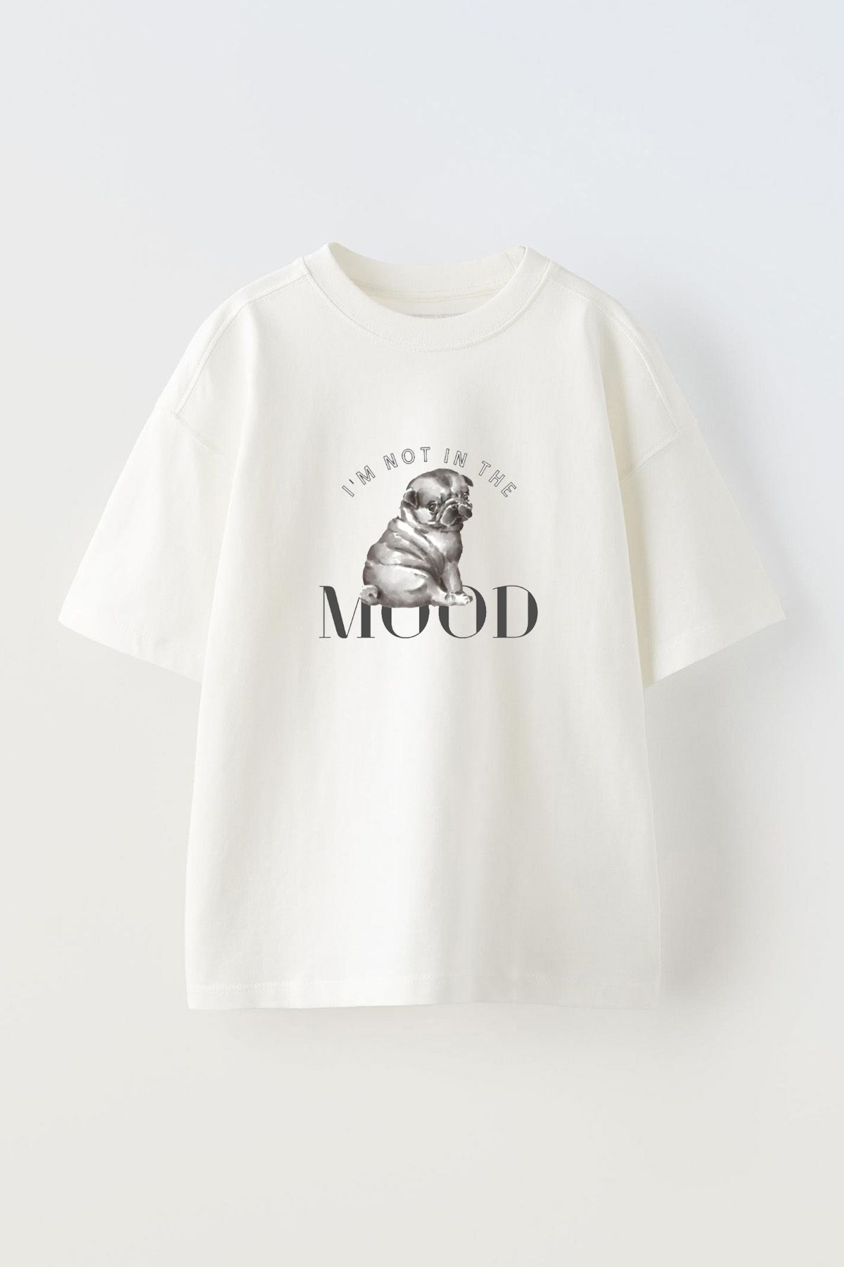 Anetos Havamda Değilim Dog Ön Baskılı Pamuk Beyaz Oversize T shirt
