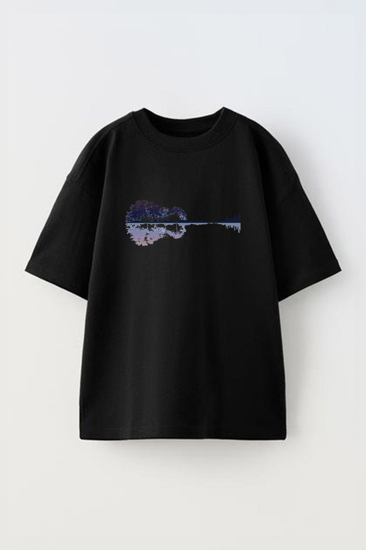 Anetos Nature Guitar Canvas Ön Baskılı Pamuk Siyah Oversize T shirt