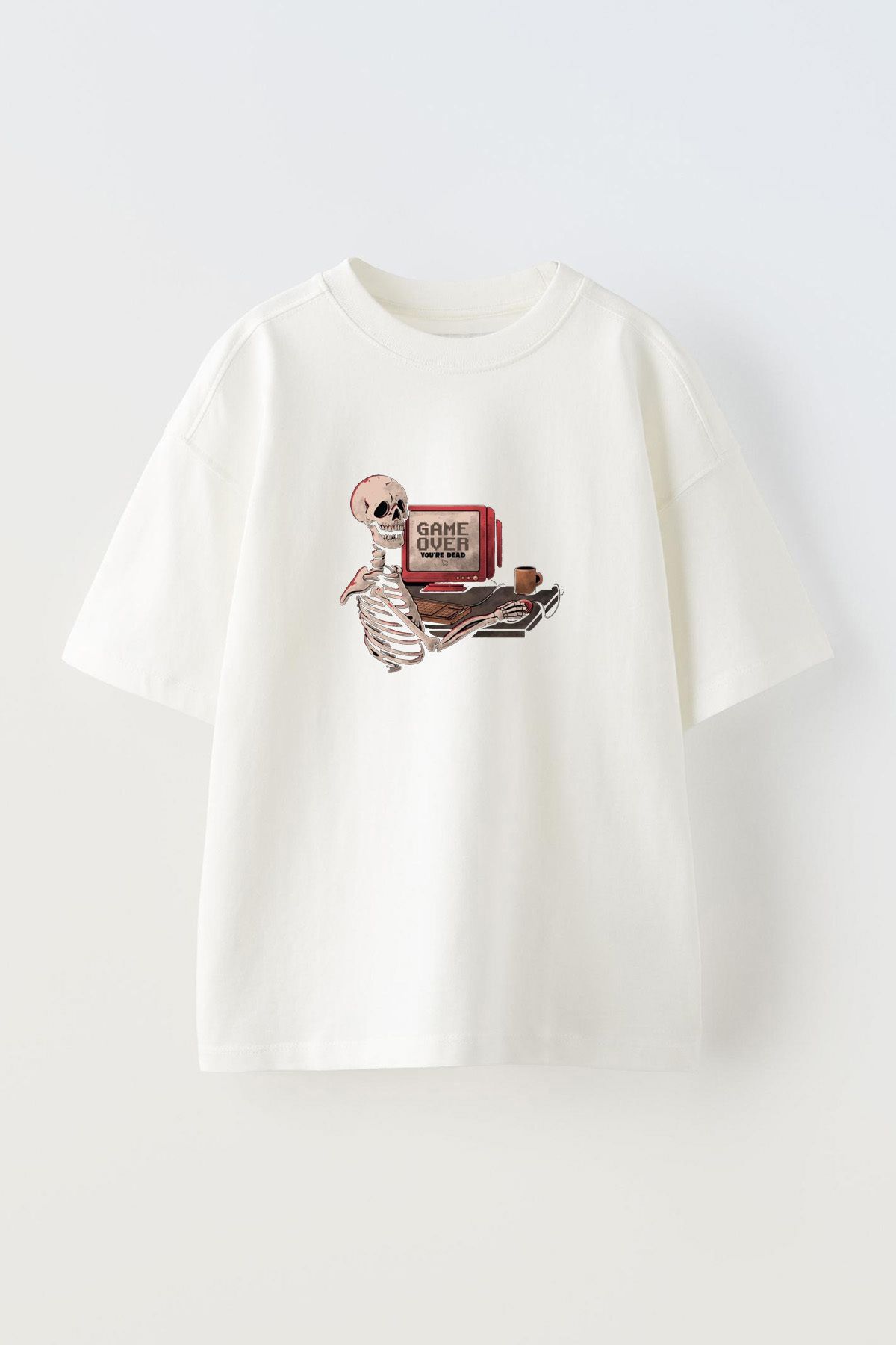 Anetos Game Over You Re Dead Ön Baskılı Pamuk Beyaz Oversize T shirt