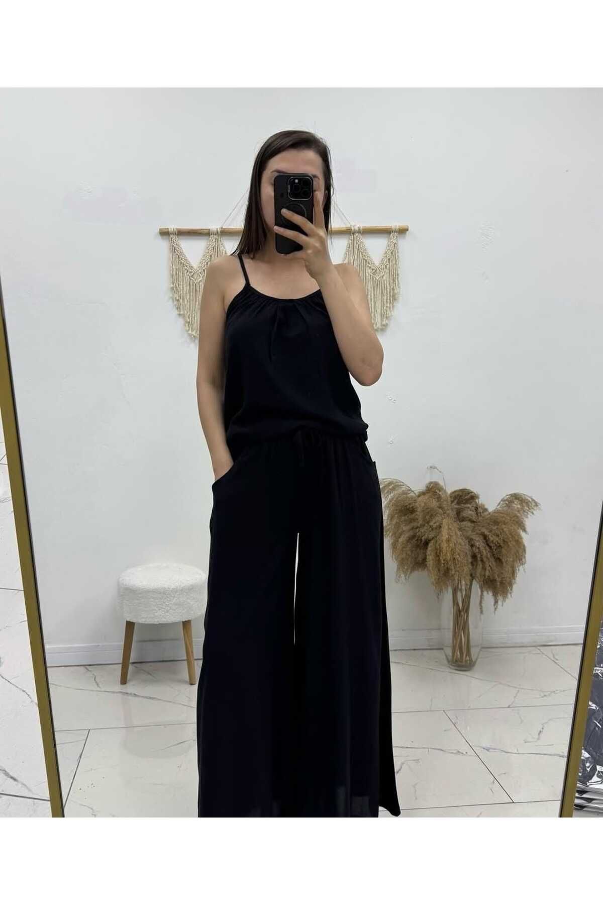 Maison La Femme Kadın İp Askılı Bluz Bol Cepli Pantolon Takım