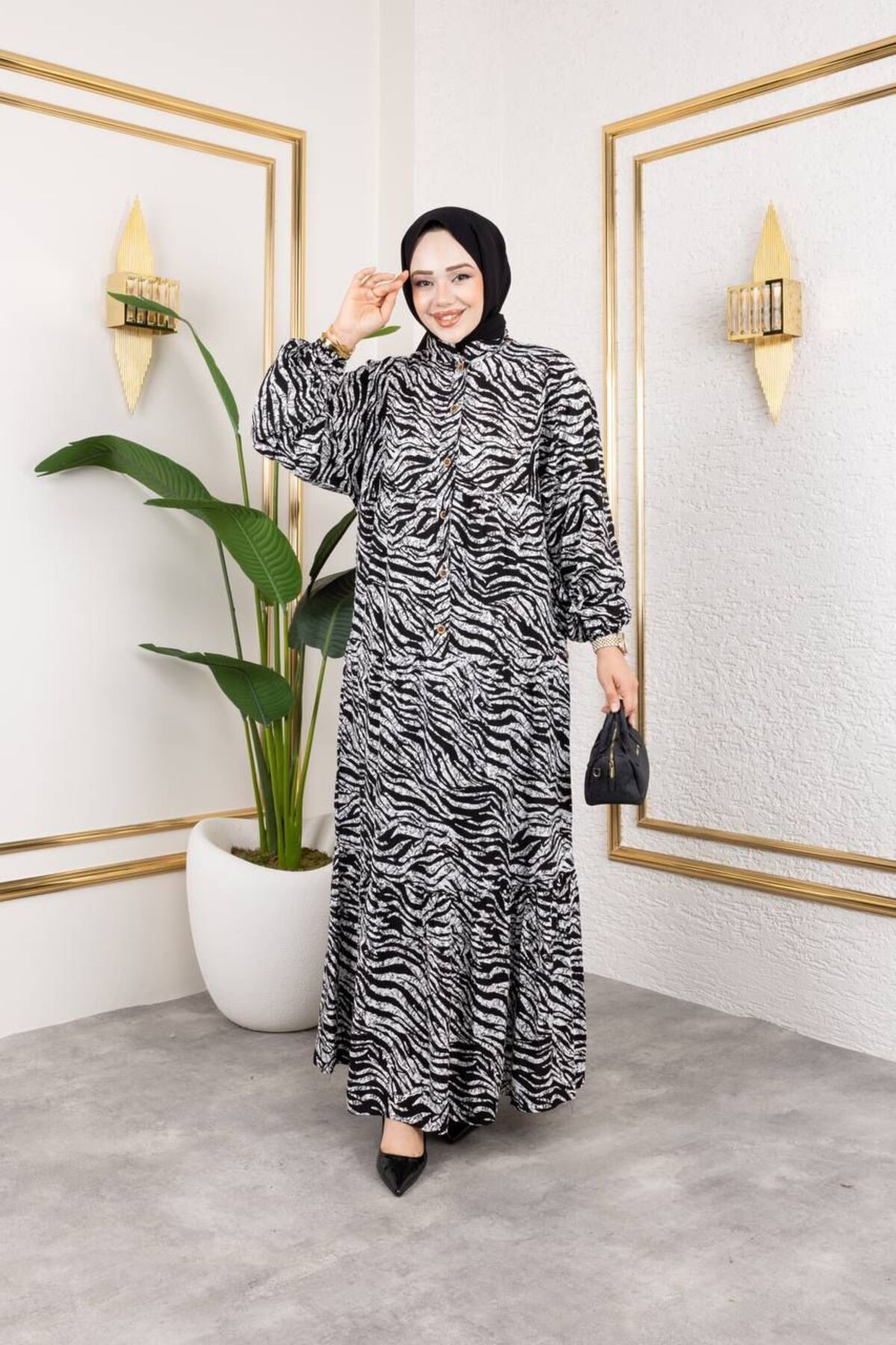 NGS ZEBRA DÜĞMELİ VİSKON ELBİSE