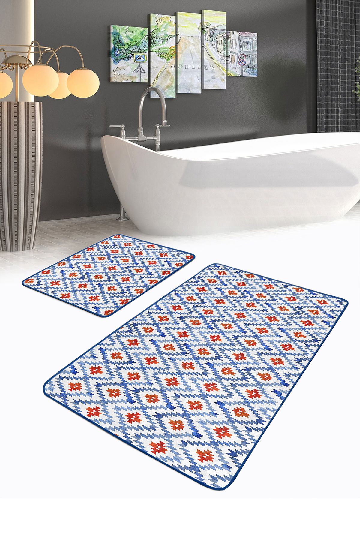 Realhomes Mavi Suluboya Zigzag Motifli 2'li Mutfak Paspas Seti & Banyo Paspas Takımı