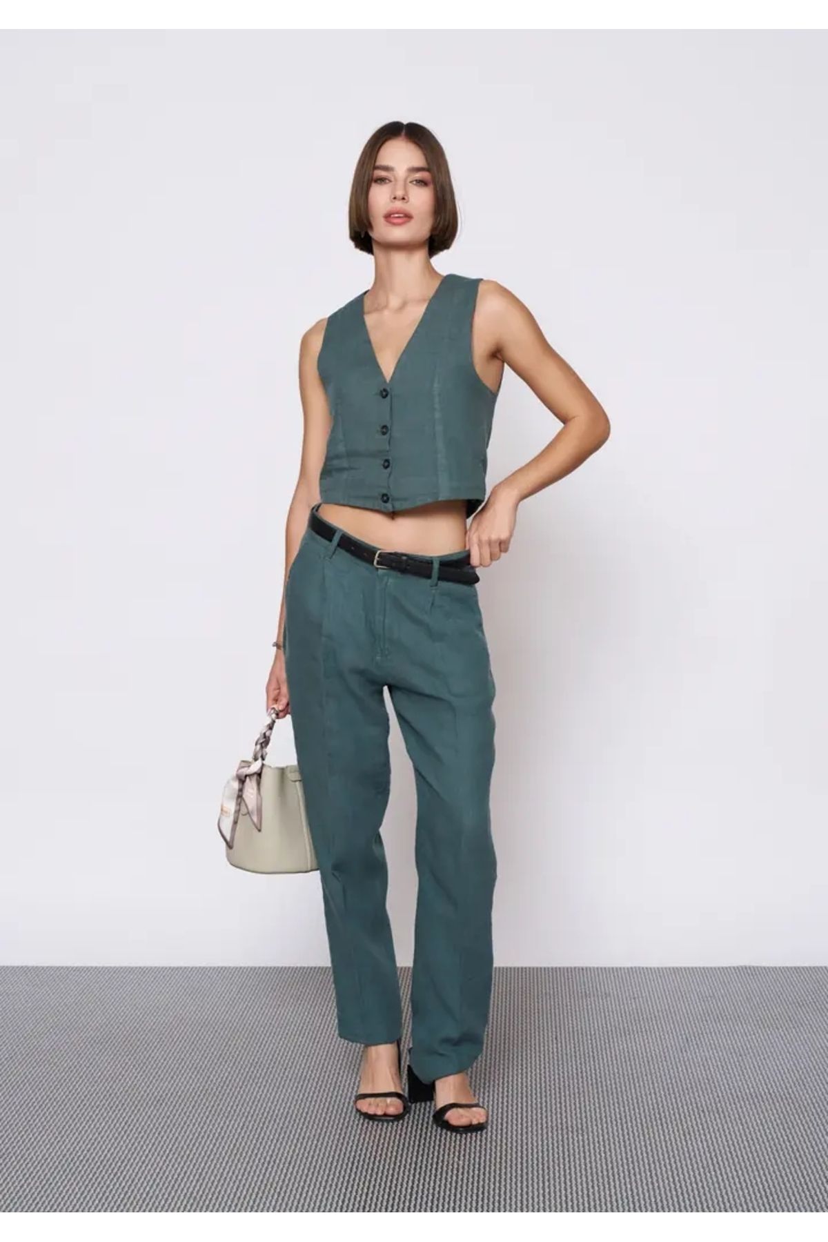 EUROFASHION Yeşil Keten Yelek