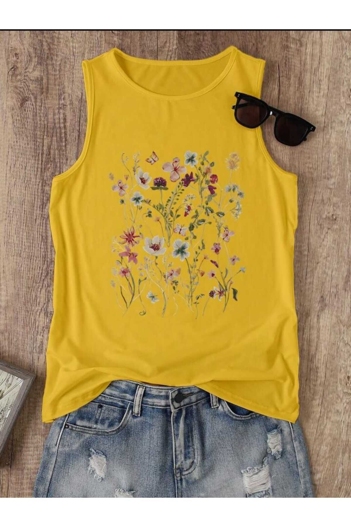 FAVORİST FLOWERS Desenli Kadın Pamuklu Omuzu Açık (Kolsuz) Yazlık T-shirt