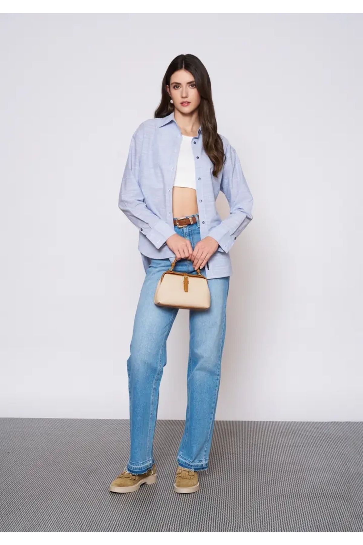 EUROFASHION İnce Beyaz Çizgili Mavi Gömlek