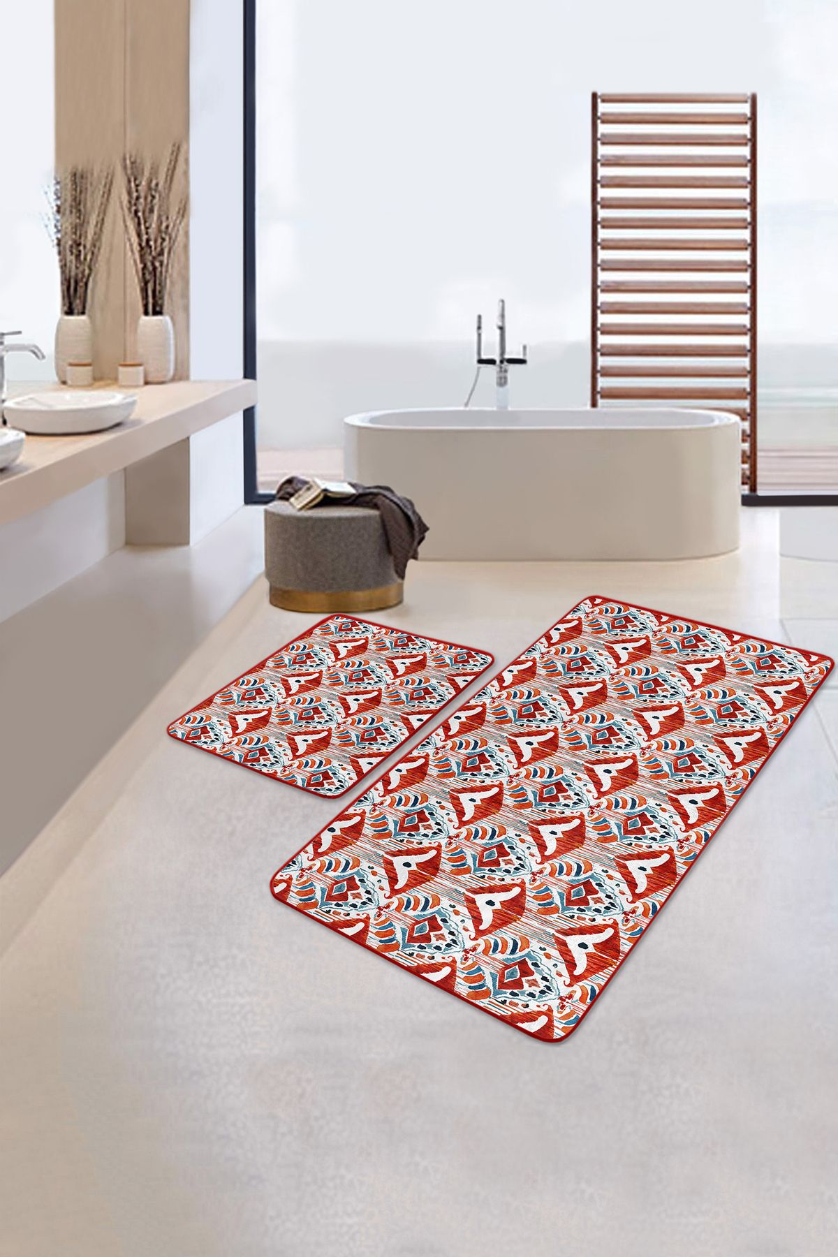 Realhomes Kırmızı Suluboya Motifli 2'li Mutfak Paspas Seti & Banyo Halı Takımı