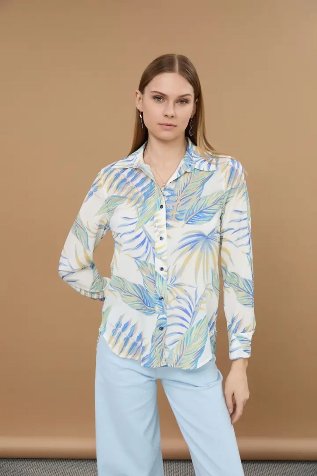 EUROFASHION Mavi Yeşil Desenli Gömlek