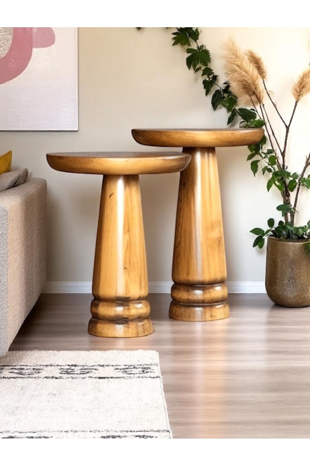 ASELYA HOME Doğal Ahşap 2’li Set Mantar Yan Sehpa Modern Ceviz Renk Fiskos Zigon Çiçeklik