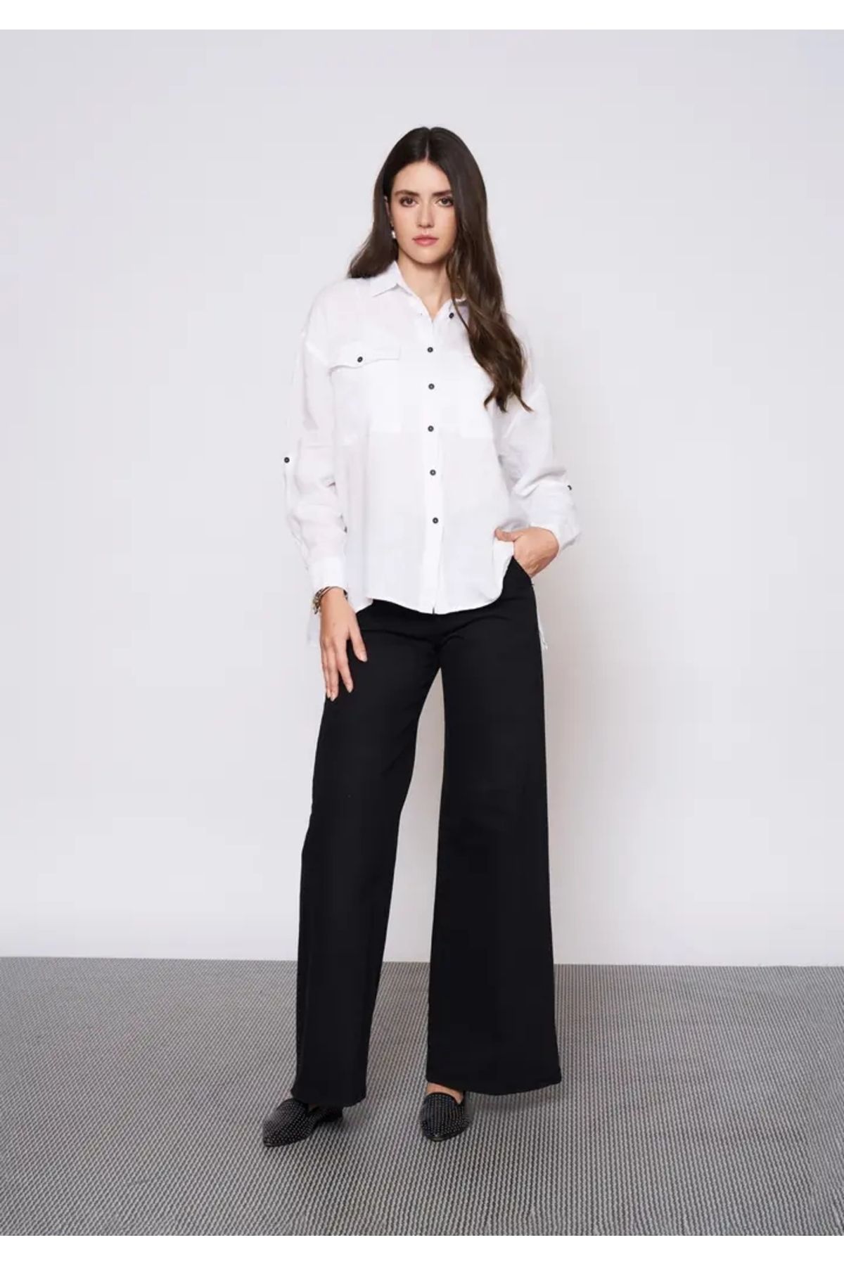 EUROFASHION Cep Kapaklı Beyaz Keten Gömlek