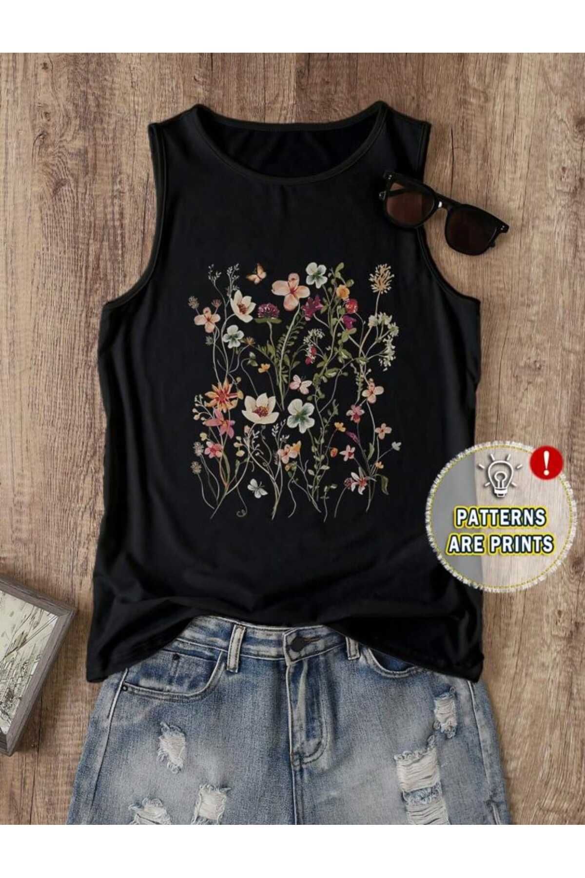 FAVORİST FLOWERS Desenli Kadın Pamuklu Omuzu Açık (Kolsuz) Yazlık T-shirt