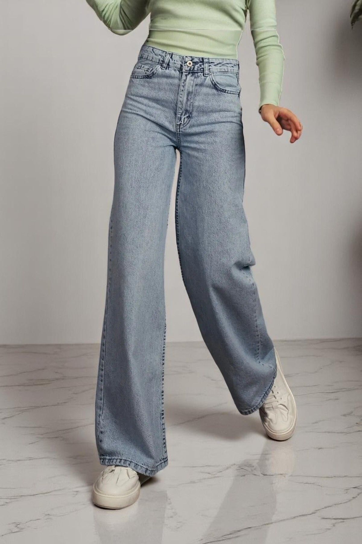 Livik Harmony Kadın Likralı Esnek Özel Bol Paça Kot Pantolon,Palazzo Model Bol Kesim Geniş Paça
