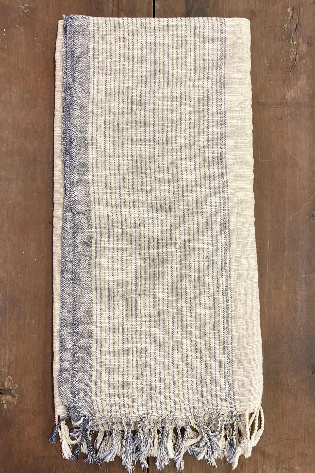 Defne&Apollon İpekçilik El Dokuması Pamuk - Keten Peştemal 95 x 200 cm - Krem - Mavi