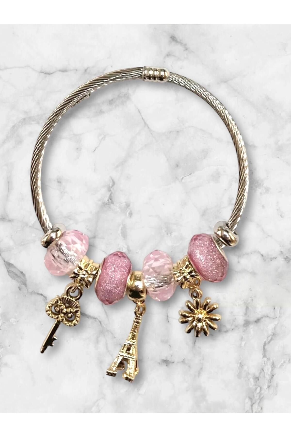 Luna Barella Pembe Paris Bileklik – Eiffel Kulesi, Güneş ve Anahtar Sembolleriyle