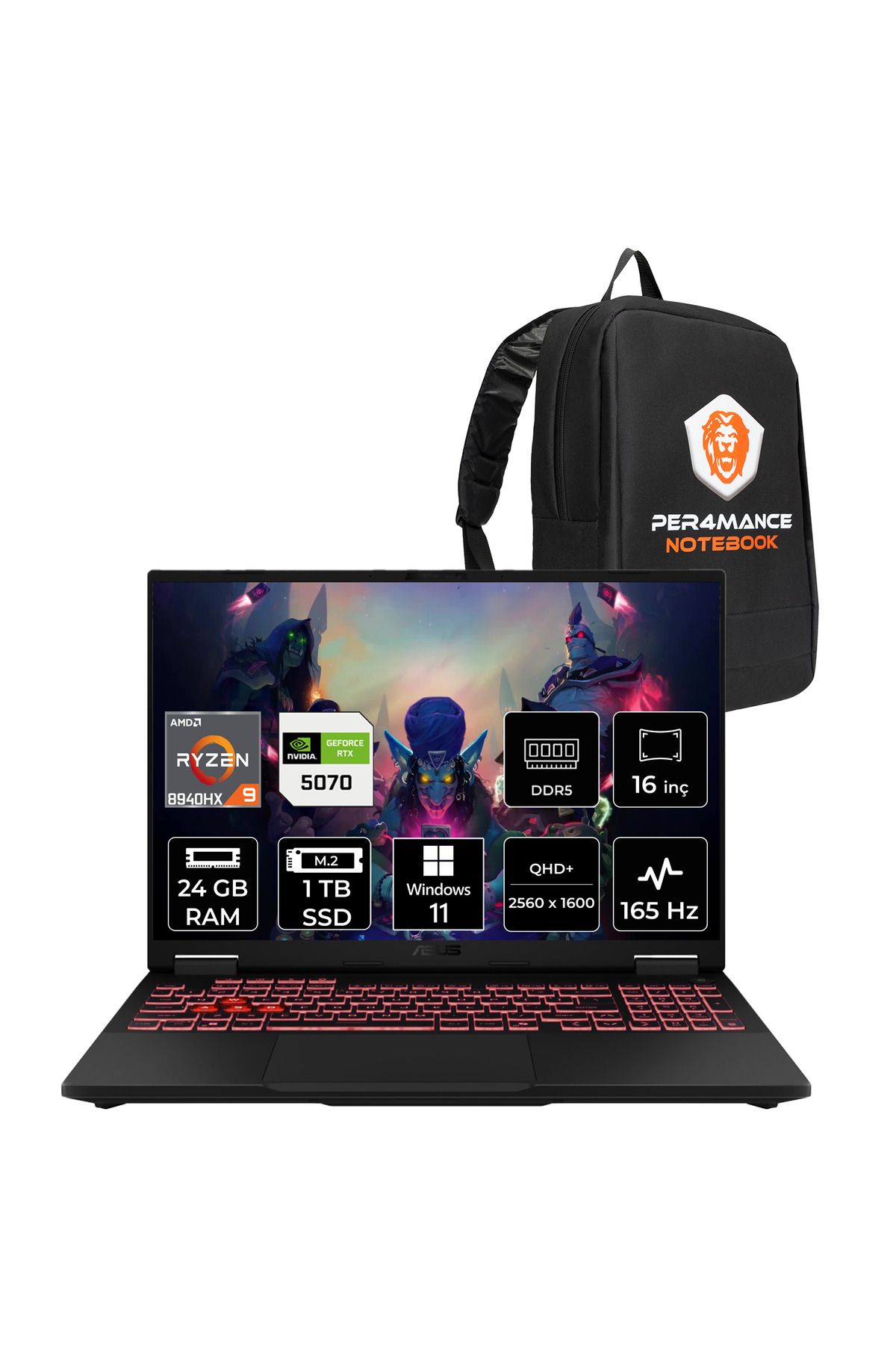 ASUS TUF Gaming A16 R9 8940HX 24GB 1TB SSD RTX5070/8GB 165Hz 16'' 2.5K WQXGA W11P Laptop FA608PP