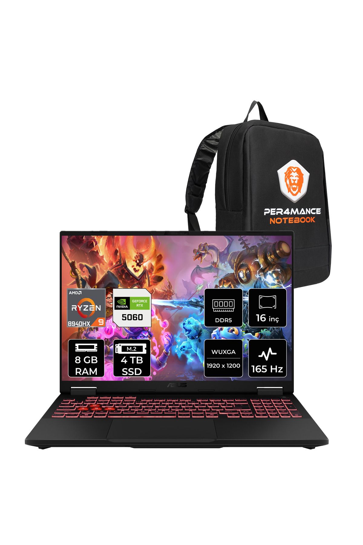 ASUS TUF Gaming A16 R9 8940HX 8GB 4TB SSD RTX5060/8GB 115W 165Hz 16'' WUXGA FDOS Laptop FA608PM