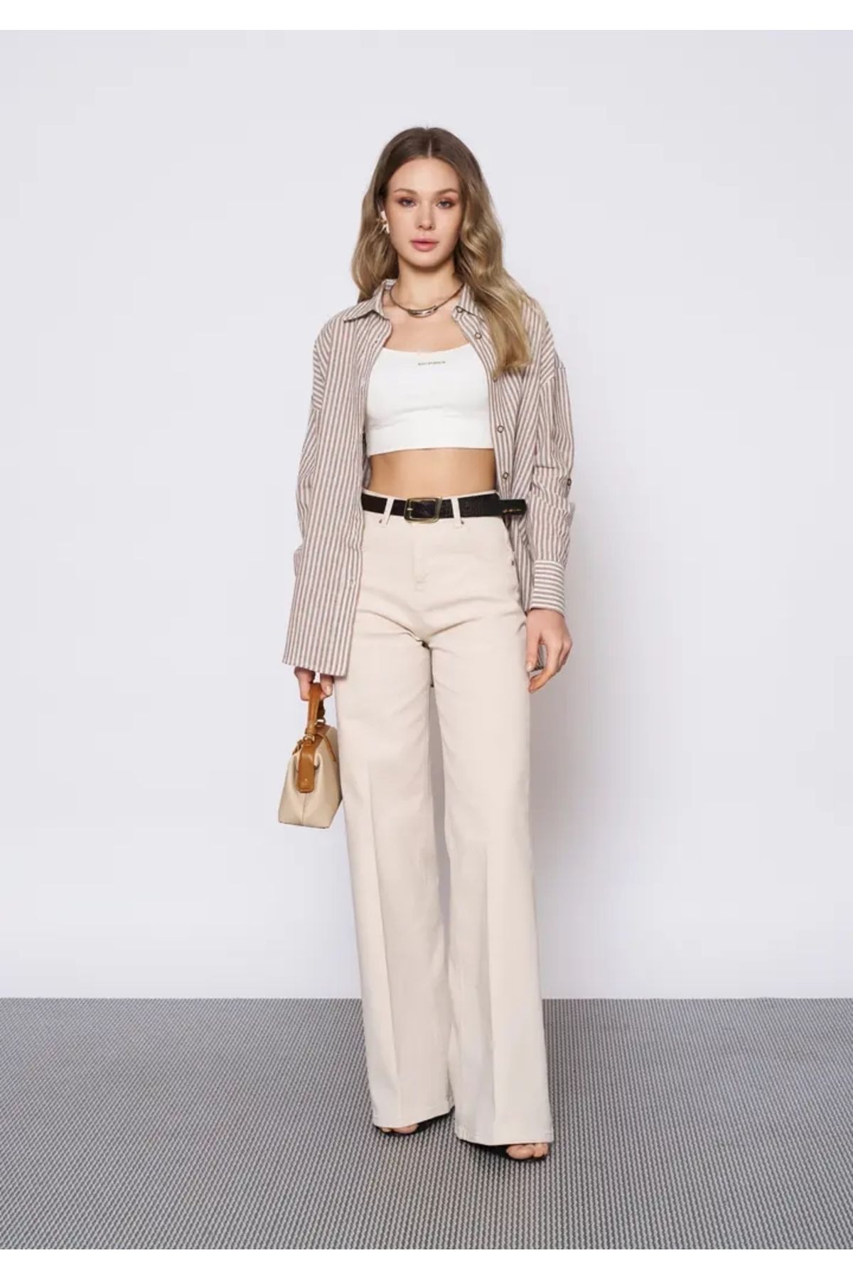 EUROFASHION Bej Çizgili Keten Gömlek