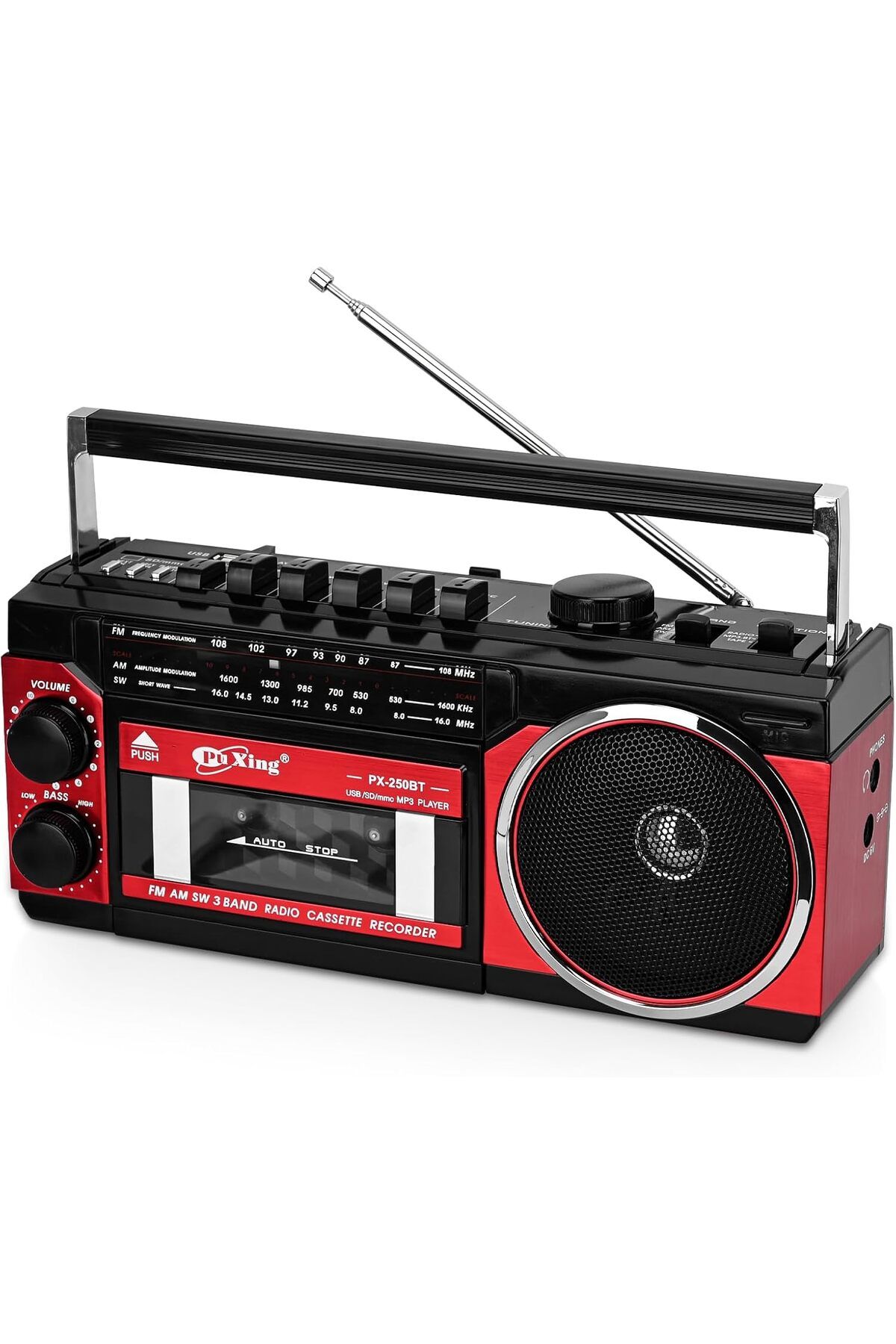 Coverzone Kaset Teyp Çalar,FM/AM/SW Kaset Kaydedici,/Bluetooth/Kart Girişi/Kayıt,Pilli/Elektrikli,PX-250BT