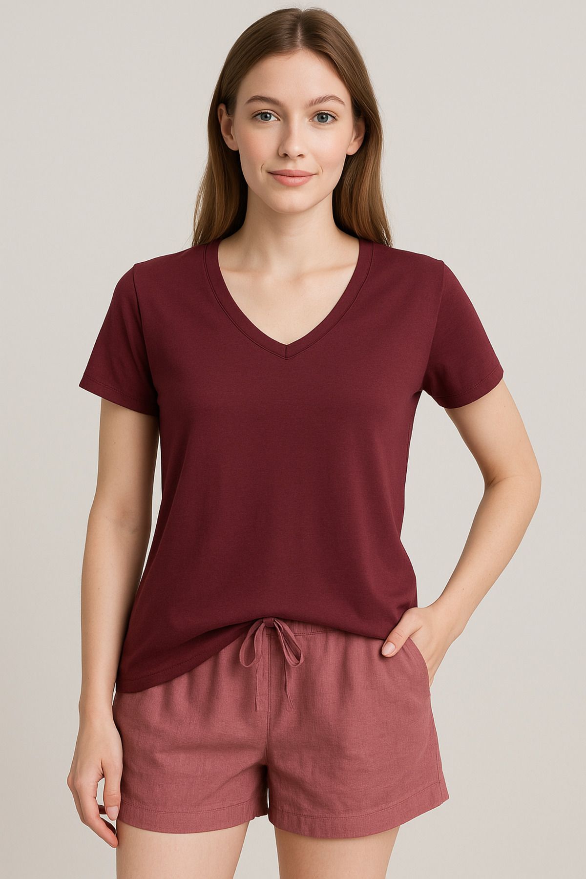 MAMAYAGA Kadın V Yaka Yarım Kol Basic Günlük Pamuk Düz Yazlık Tshirt Rahat Bluz