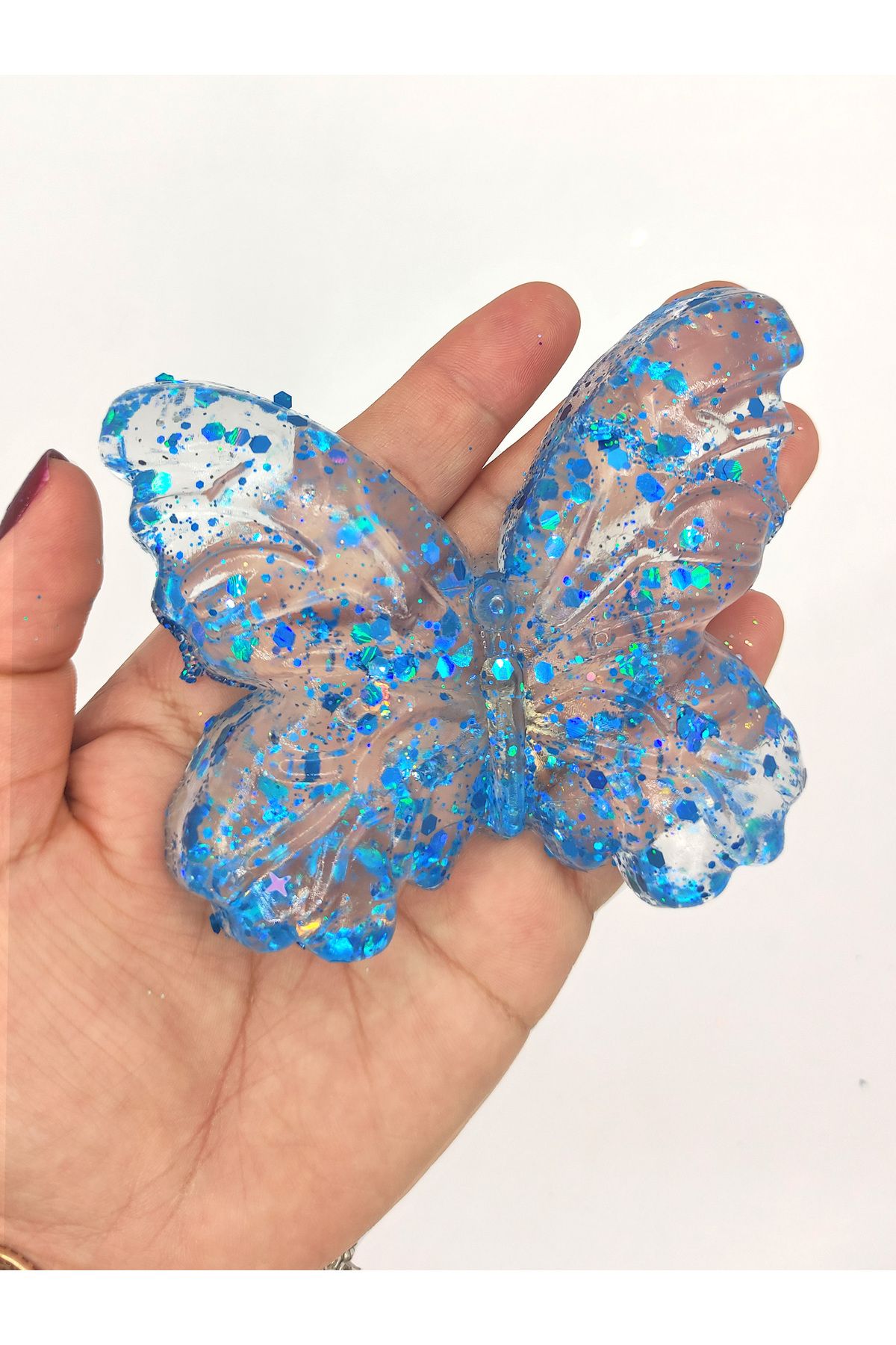 Limmy Kelebek Şeffaf Glitter Simli Moj Moj Taba Squishy Sıkma 10x8 cm Simli Sukuşi - Mavi
