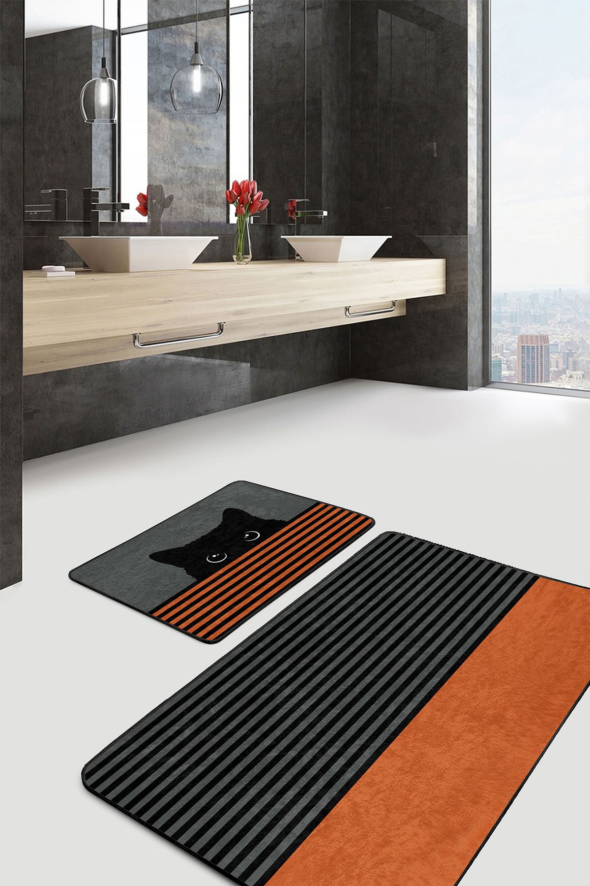Realhomes Turuncu Çizgili Kedi Motifli 2'li Banyo Mutfak Paspas Takımlı Klozet Seti