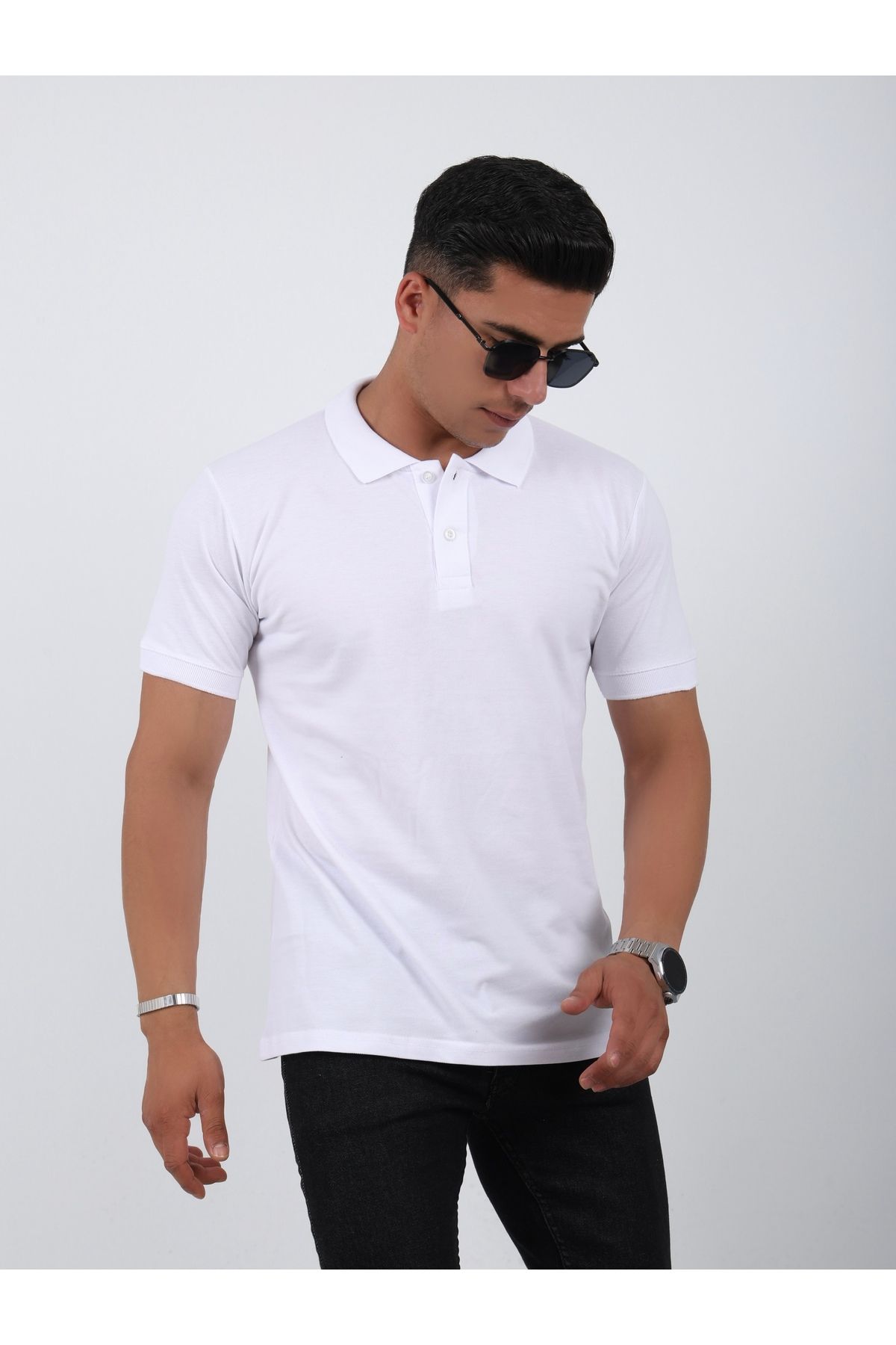 Pientro Beyaz Erkek Polo Yaka Yumuşak Dokulu Pamuklu Pike Kumaş Slim Fit Dar Kesim