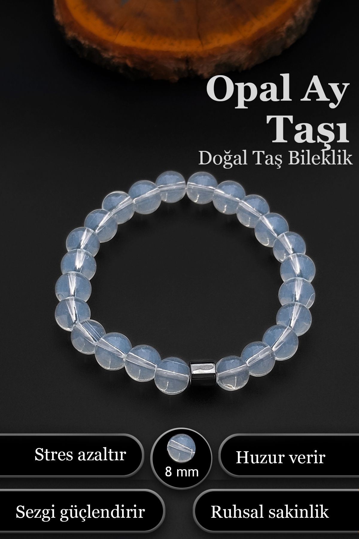 SİLVERA TELKARİ Opal Ay Taşı Bileklik Erkek Kadın Doğal Taş Bileklik 8 mm BT036