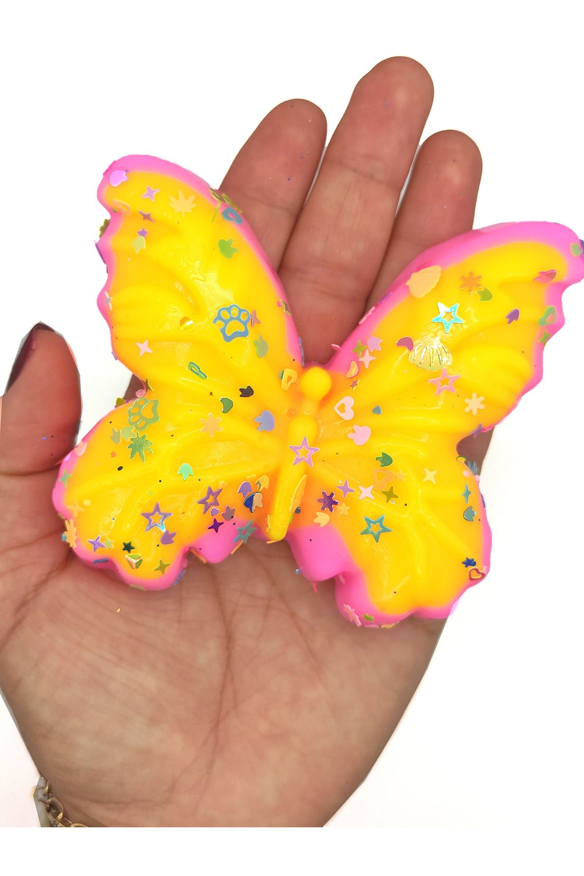 Limmy Kelebek Pullu Renkli Moj Moj Taba Squishy Sıkma 10x8 cm Pullu Sukuşi - Pembe/Sarı
